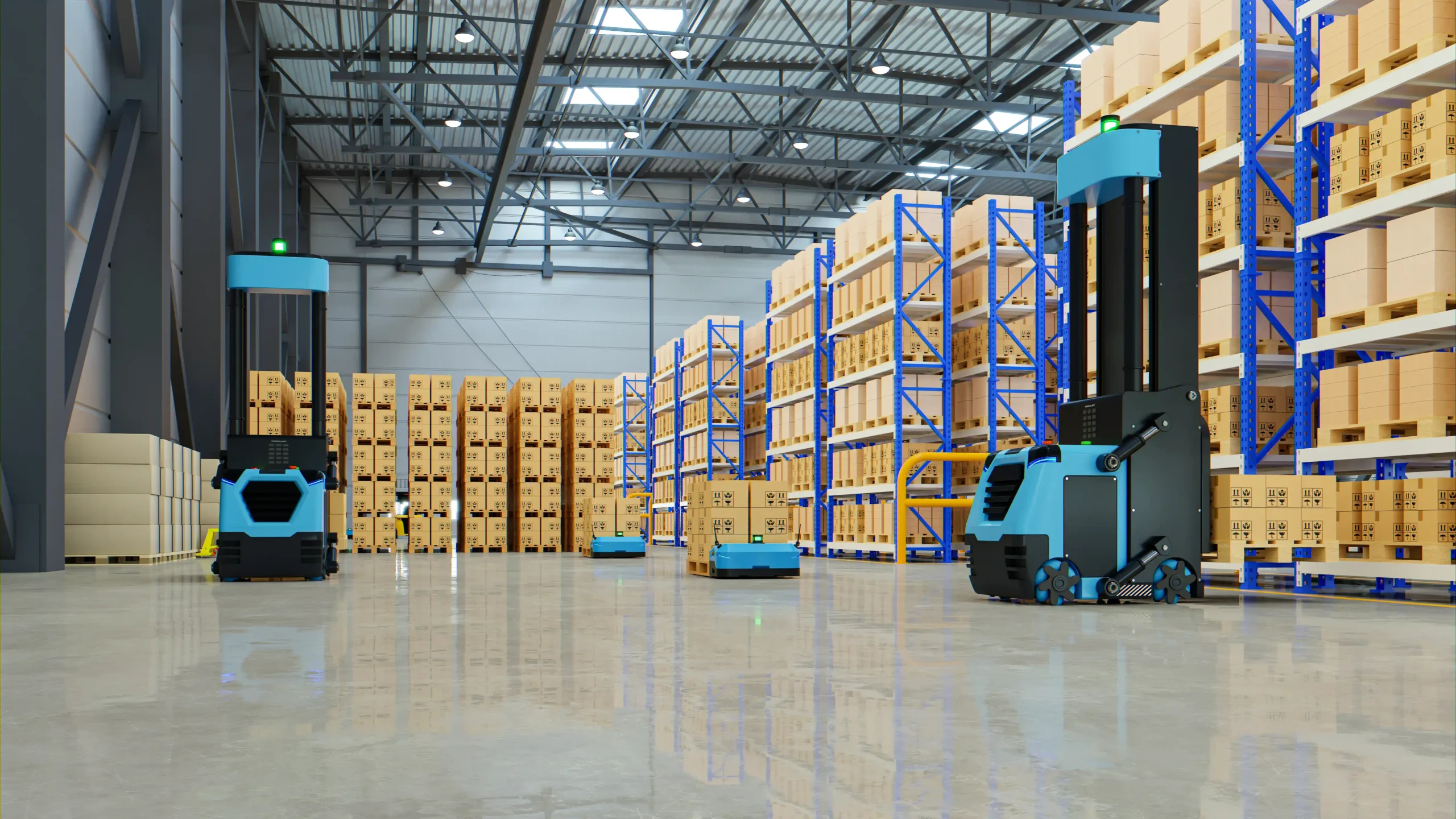 Automated guided vehicles moving pallets through a modern facility showing the advantage warehouse and logistics systems provide for speed and efficiency.