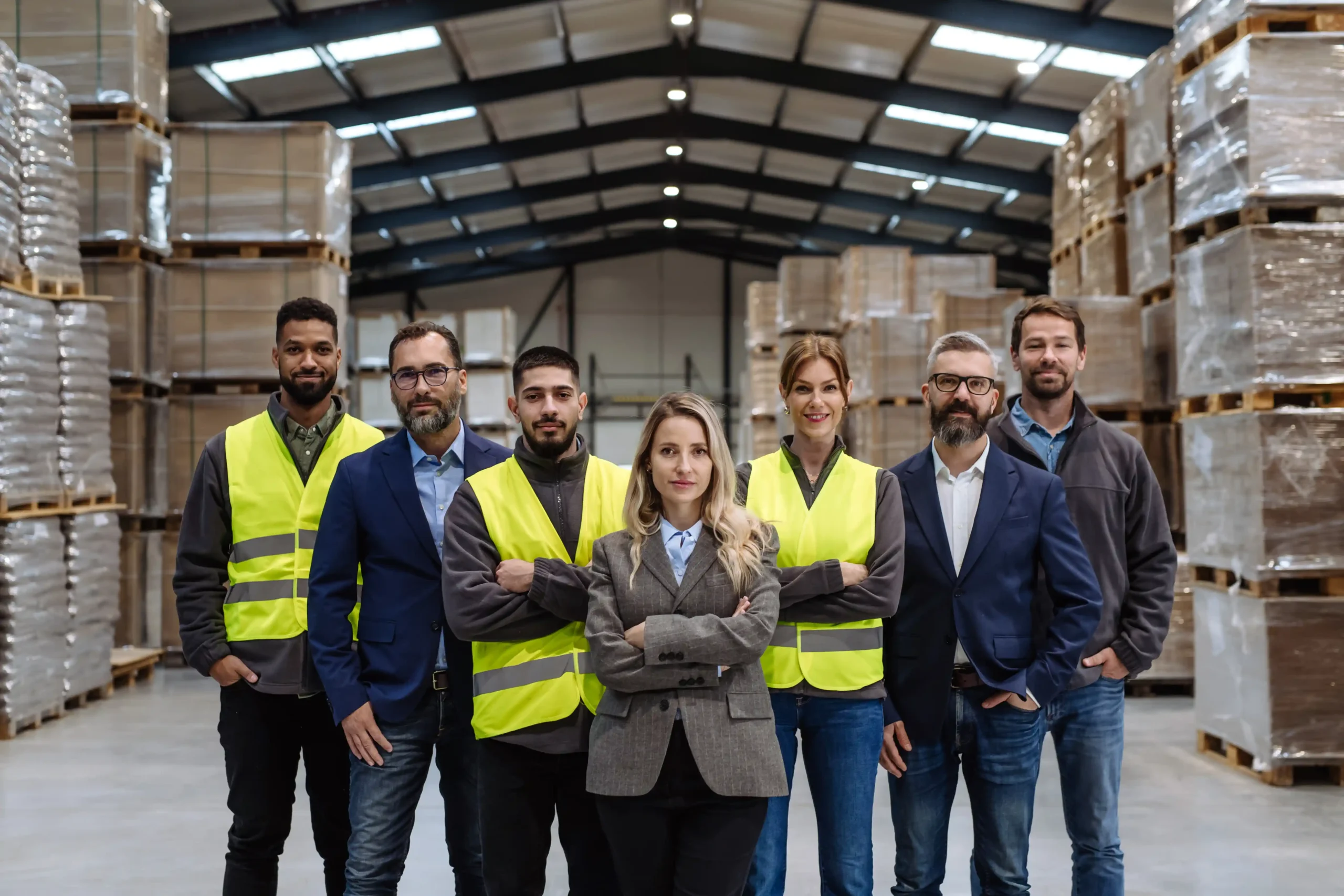 A team of warehouse employees standing in a storage facility, representing expert support behind small warehouse storage ideas and logistics operations.