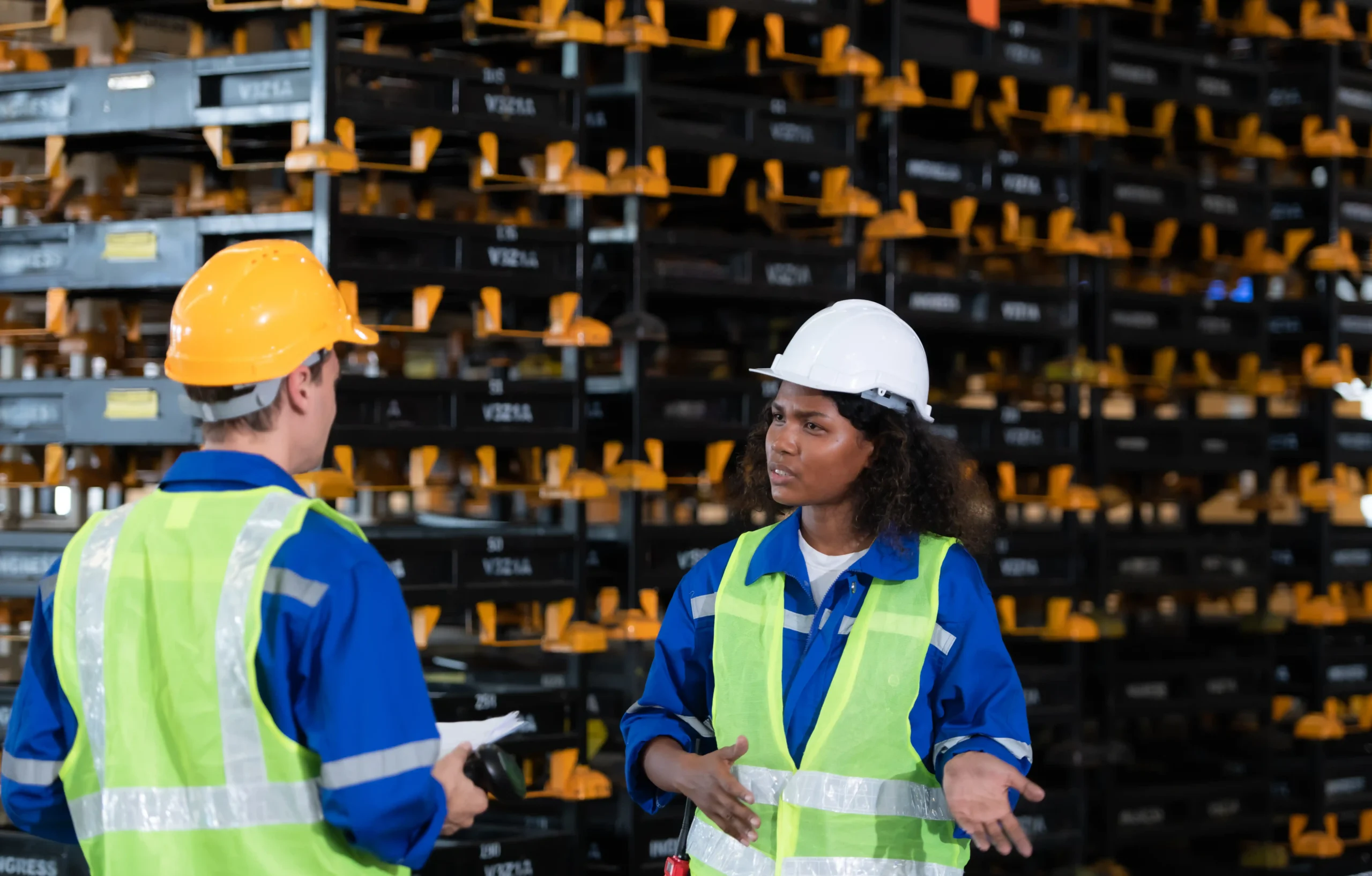 Workers coordinating operations in a large facility similar to amazon warehouse storage, discussing inventory and workflow safety procedures.