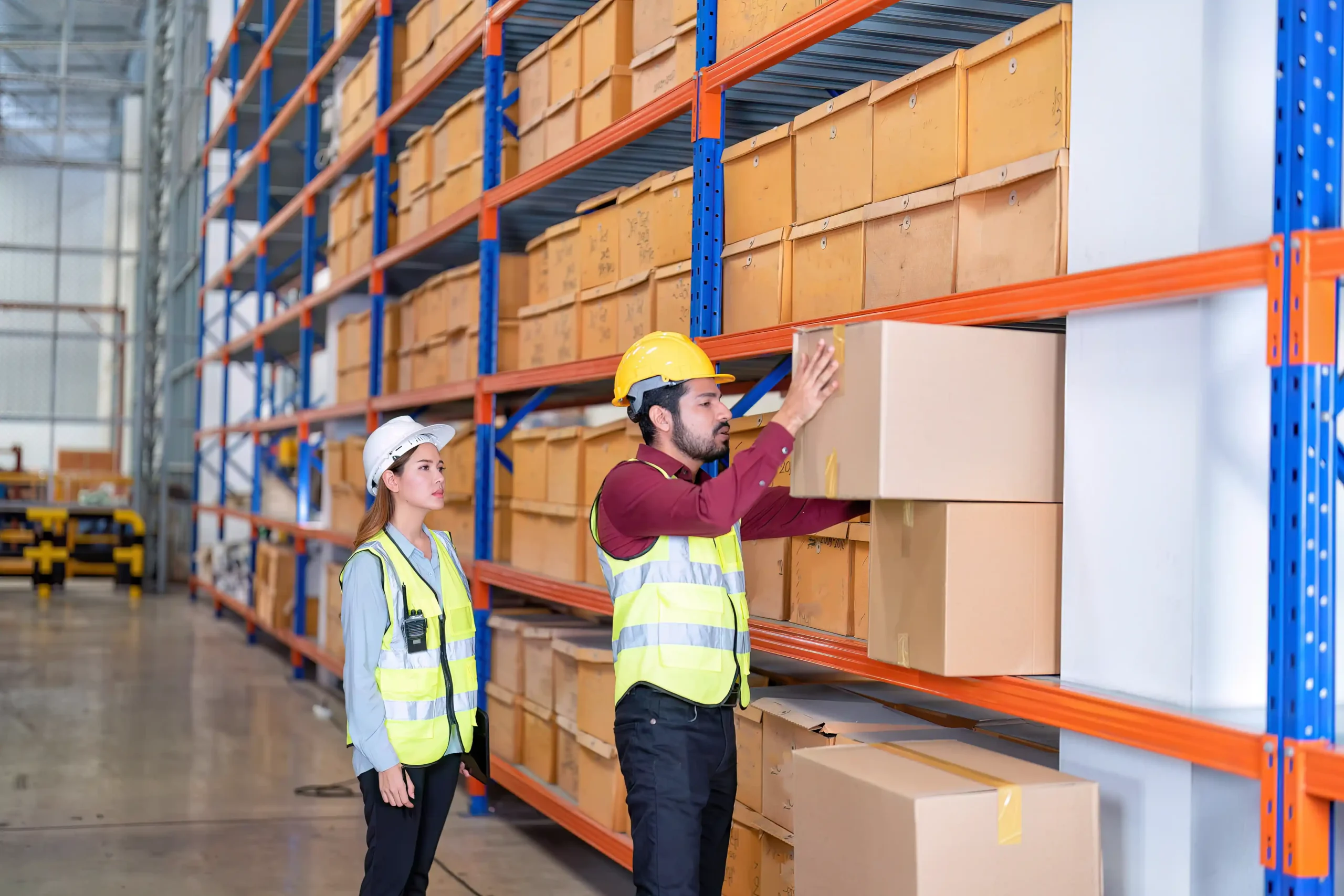 Warehouse employees stocking boxes onto a warehouse storage rack system with multiple shelving levels.