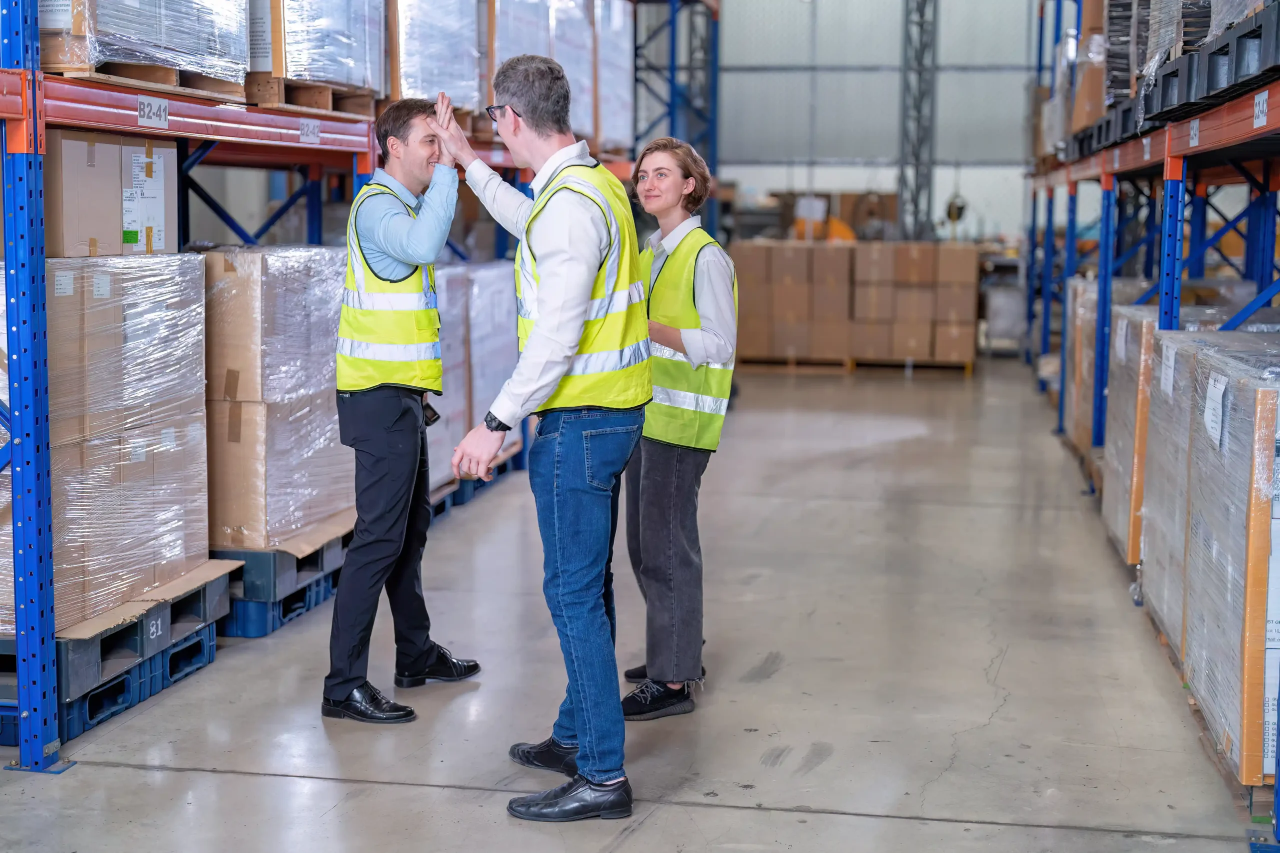 Warehouse workers in safety vests giving a high-five in front of pallet racks, symbolizing improved efficiency after integrating an automated warehouse storage system.