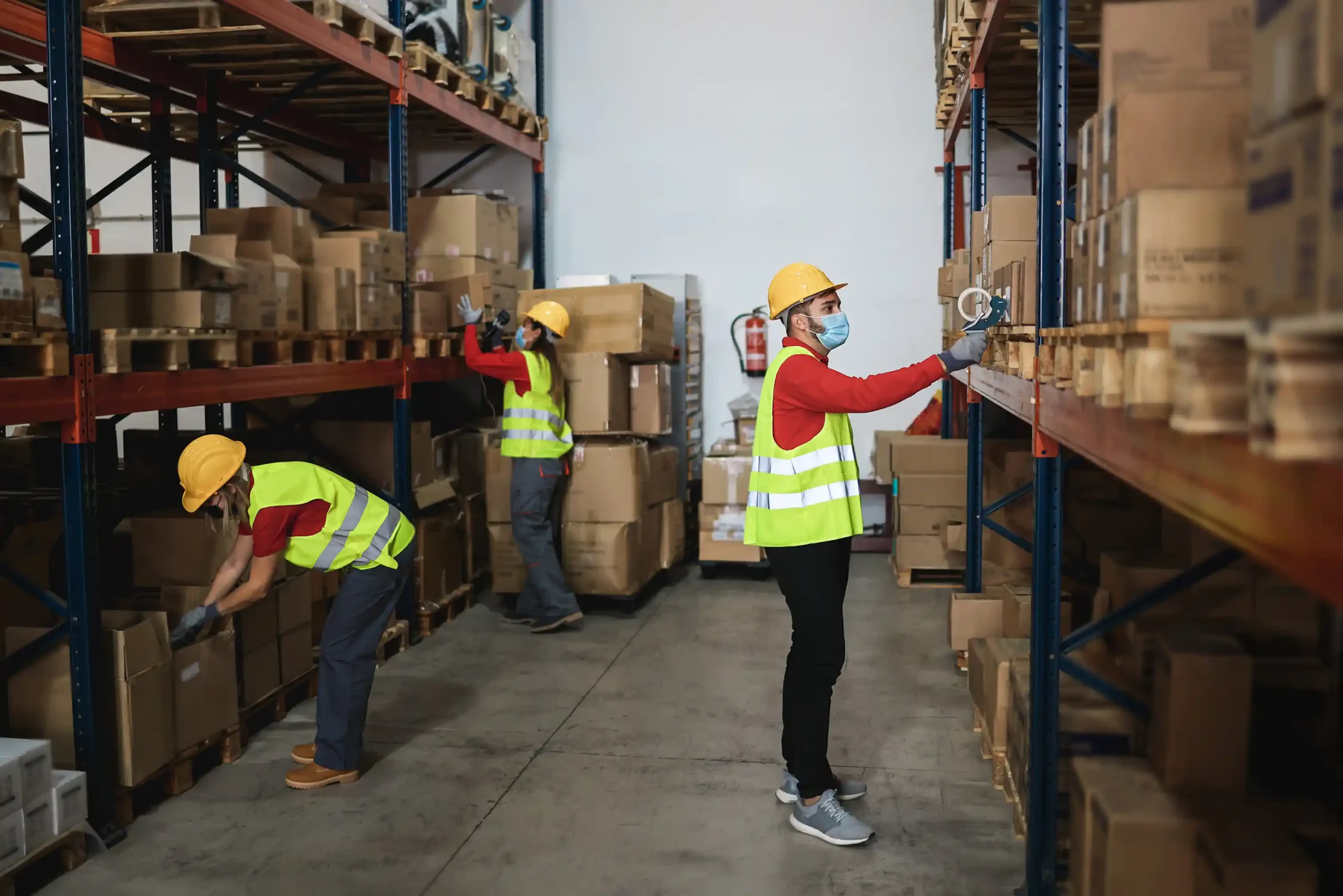 Team of warehouse employees organizing boxes on racks as part of long term warehouse storage operations.