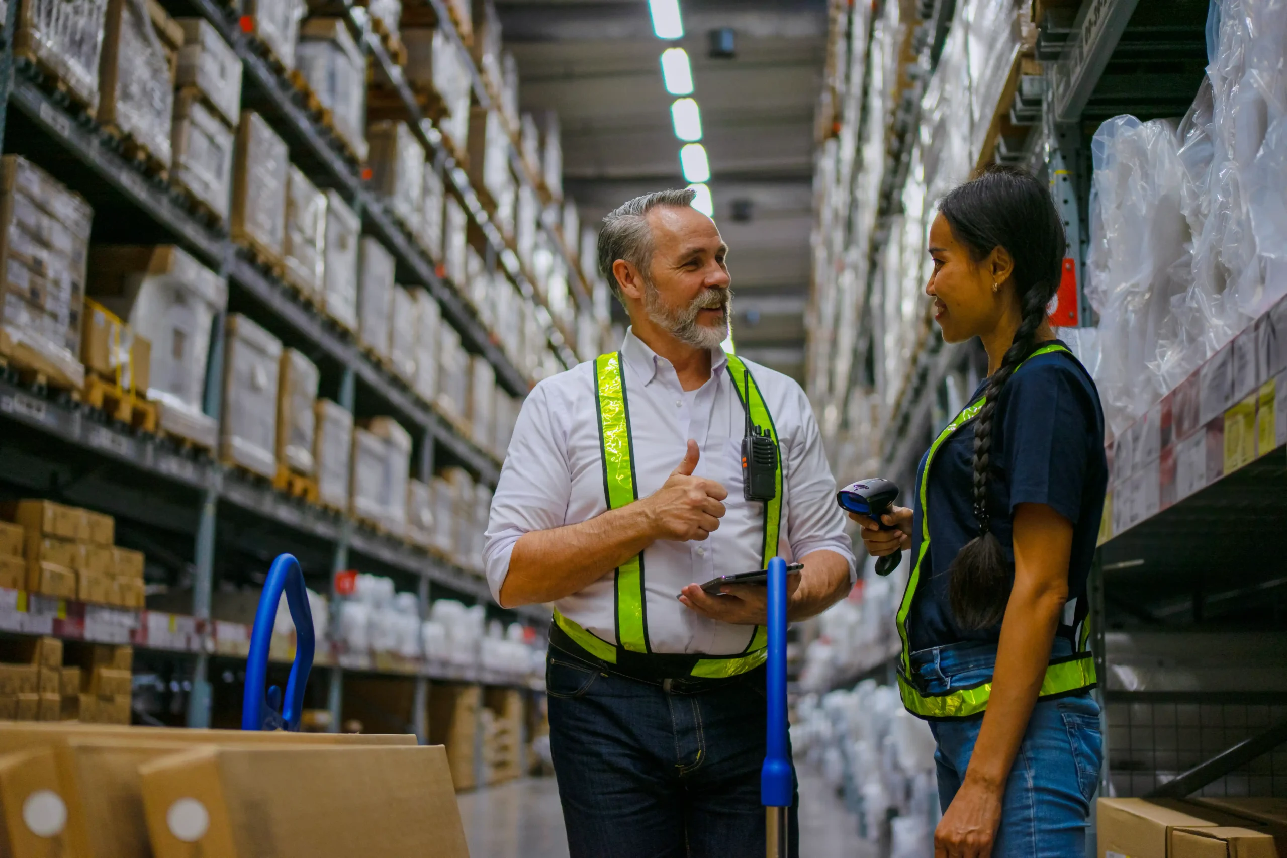Warehouse logistics optimization shown through logistics employees coordinating picking and inventory tasks inside a high-density warehouse aisle.