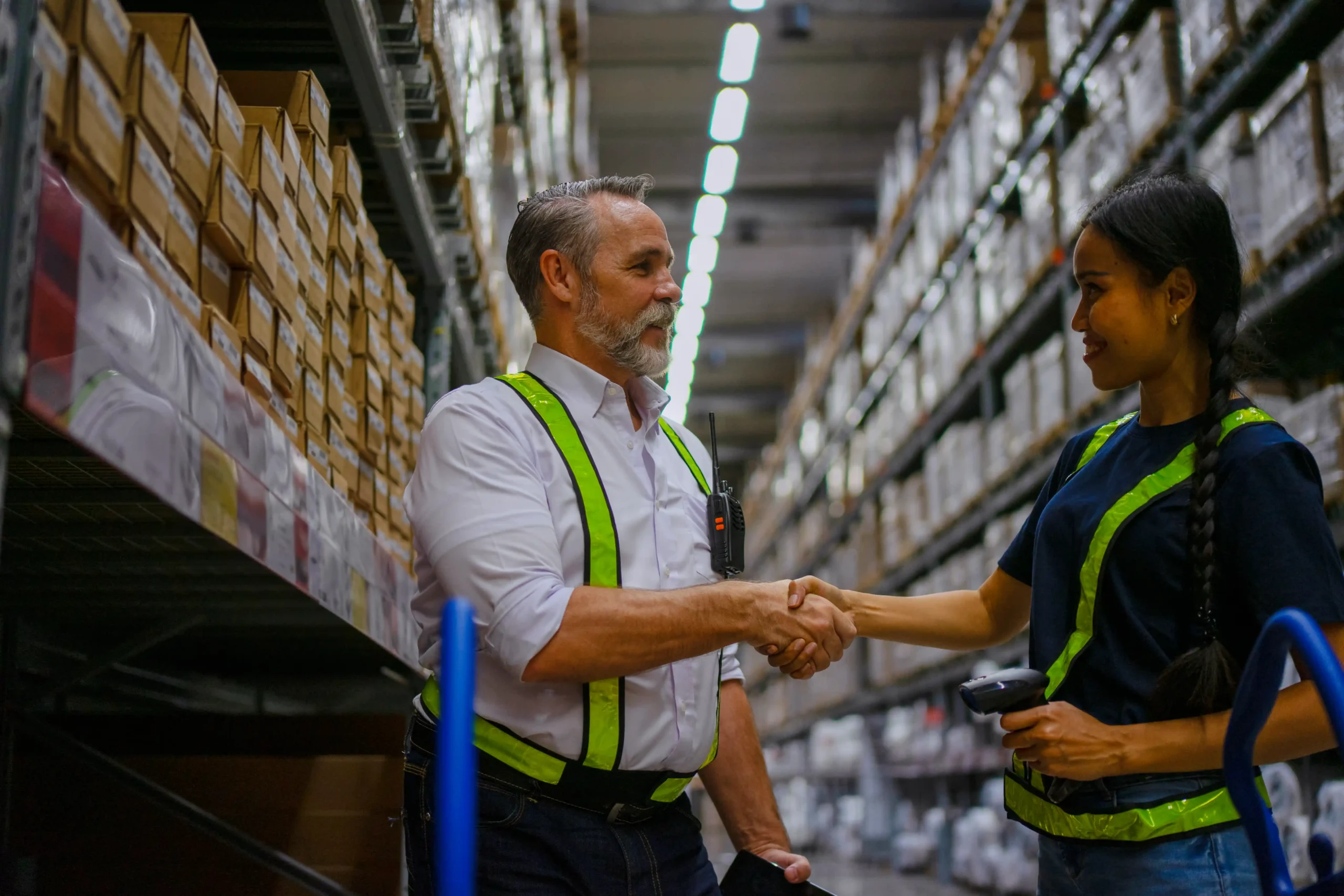 Warehouse team collaboration and quality control inside distribution logistics companies facility
