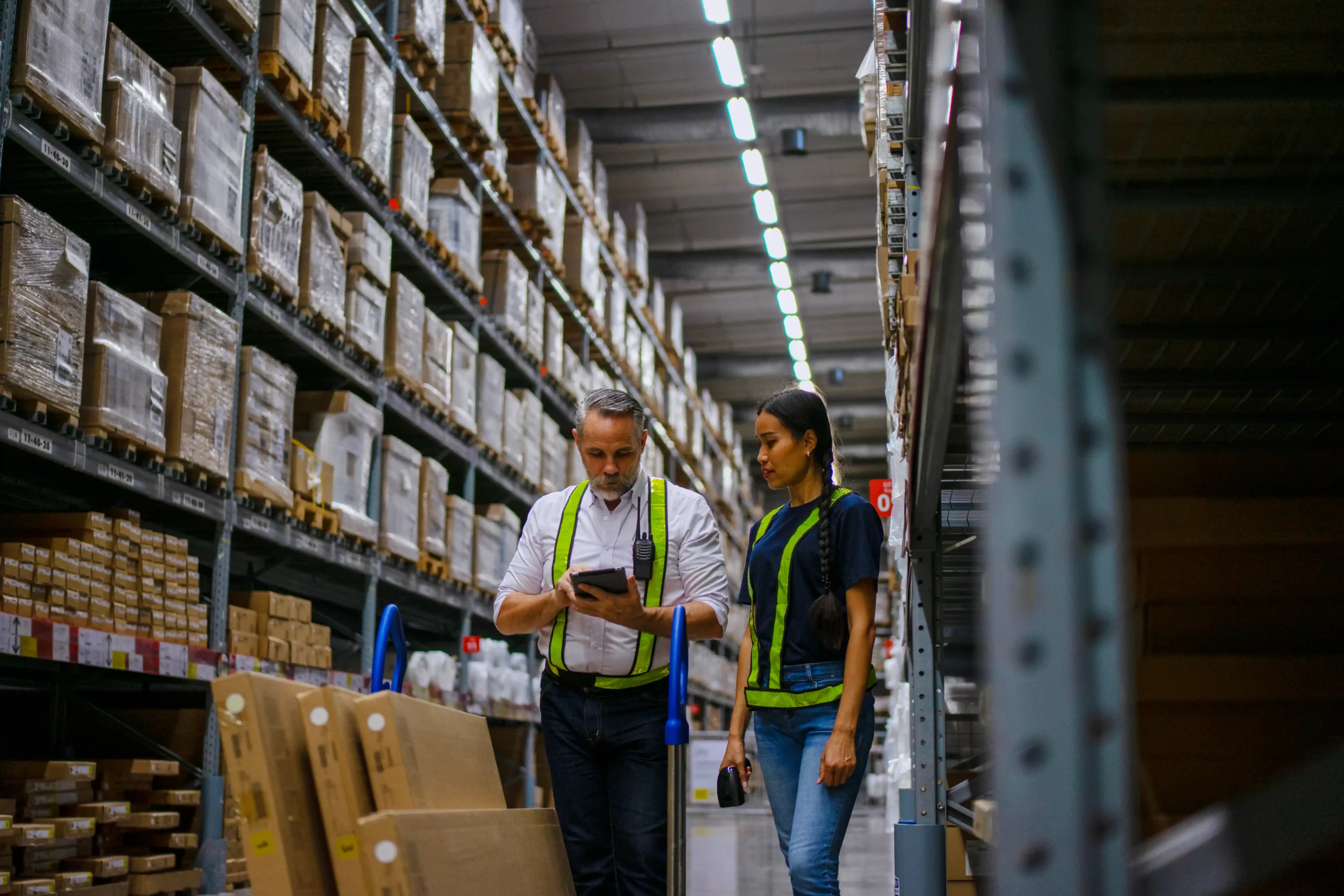 Logistics workers reviewing inventory in a high-density racking aisle optimized with warehouse storage solutions for small items.