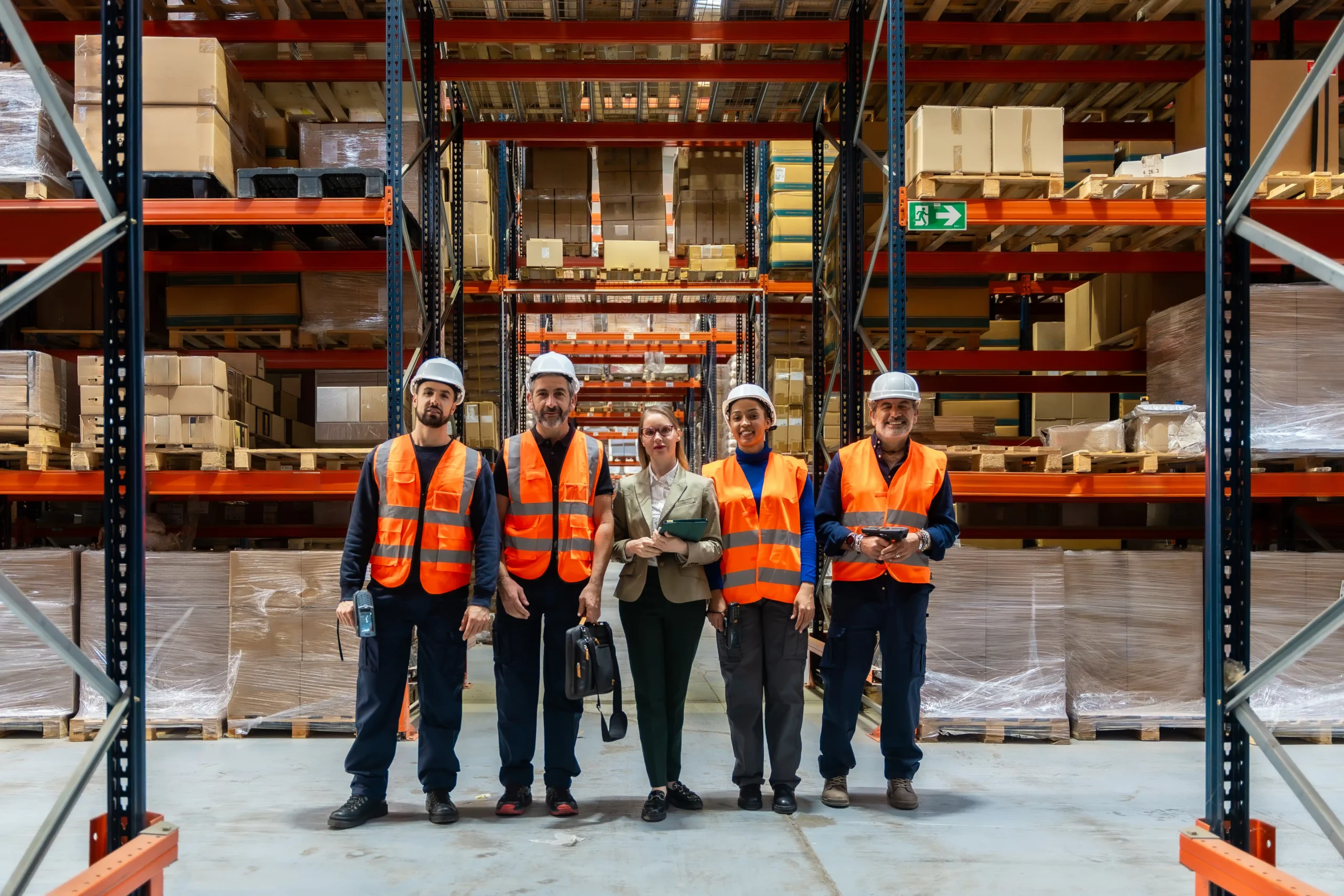 Logistics team standing inside a large distribution warehouse, illustrating how does warehousing work at scale with organized storage and coordinated operations.