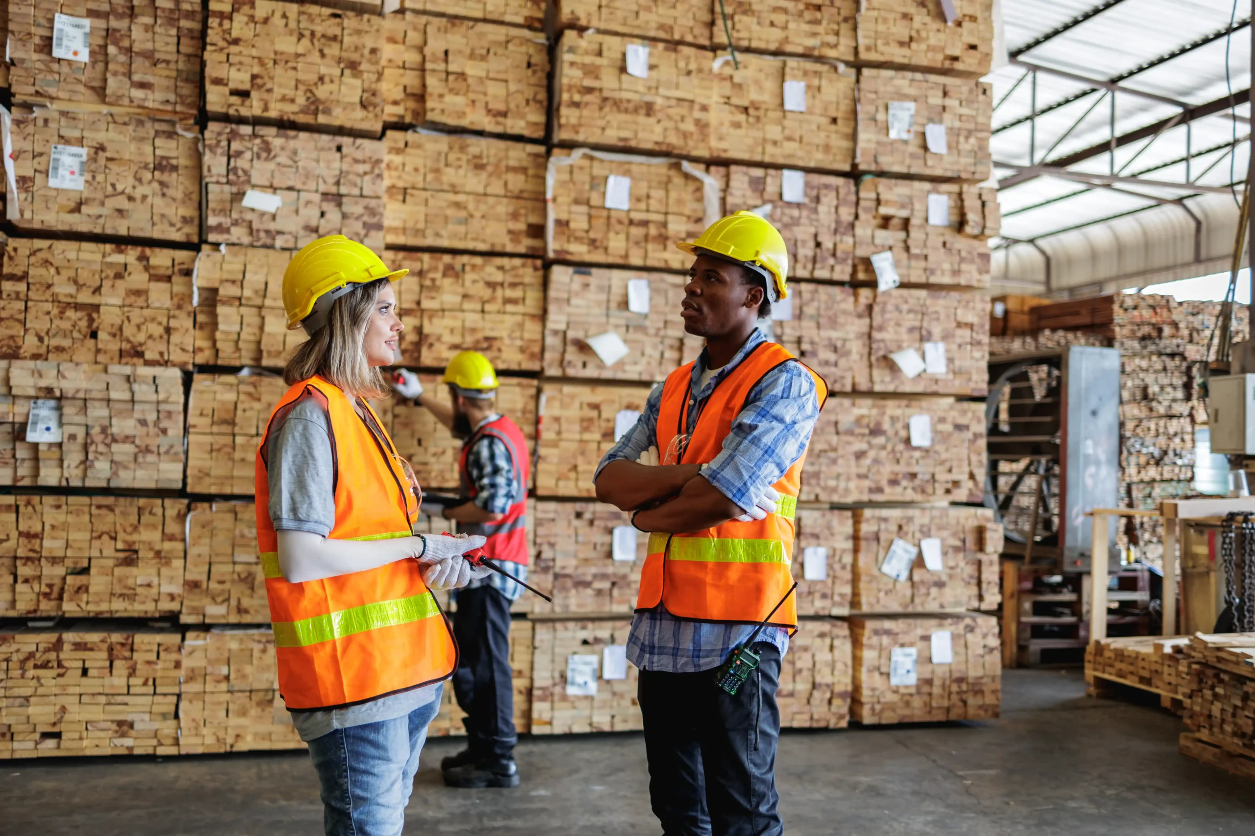 Warehouse workers in safety gear communicating in front of stacked materials, demonstrating teamwork within a warehouse storage business.