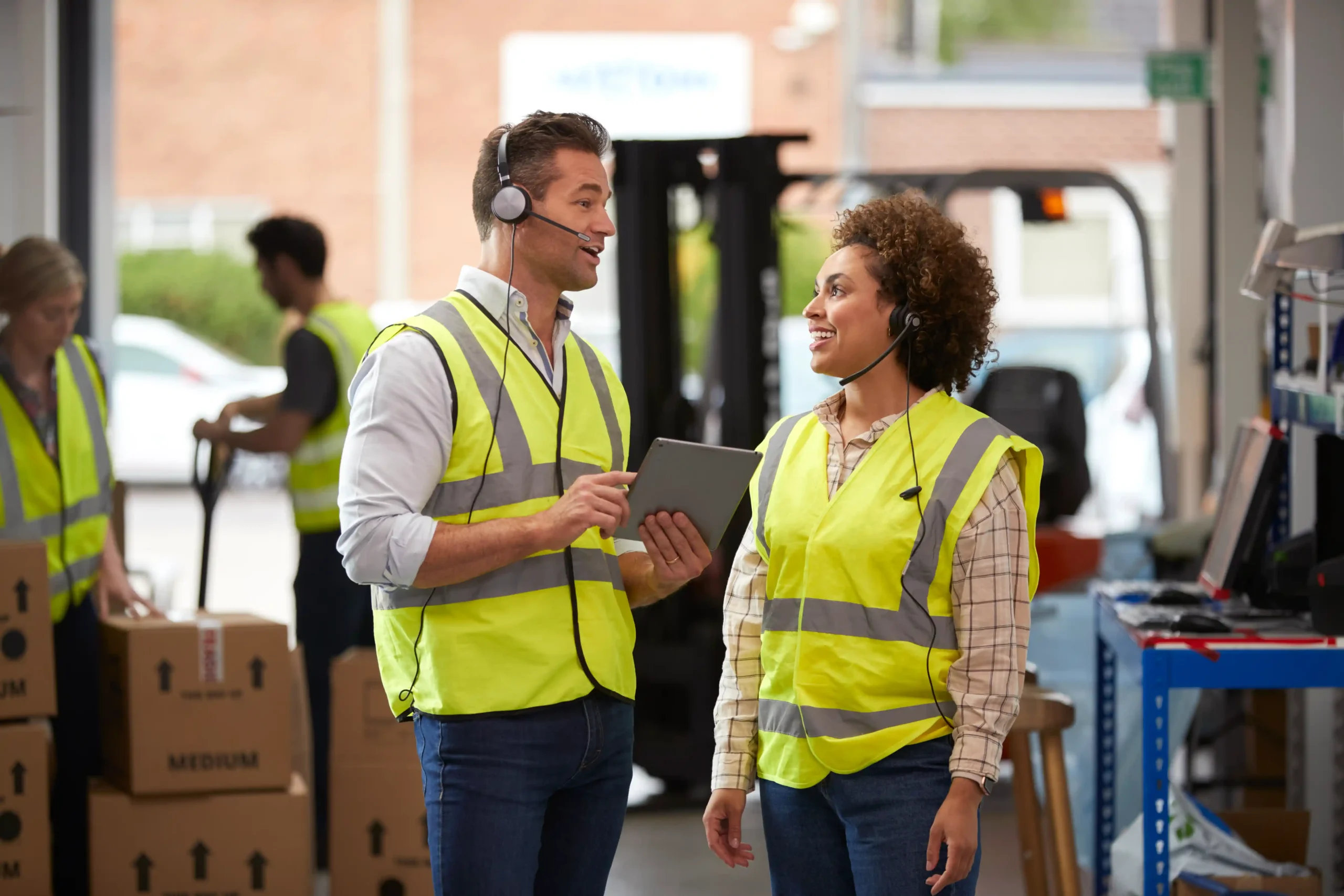 Logistics team communicating in real time to manage warehouse and distribution near me fulfillment and inventory flow