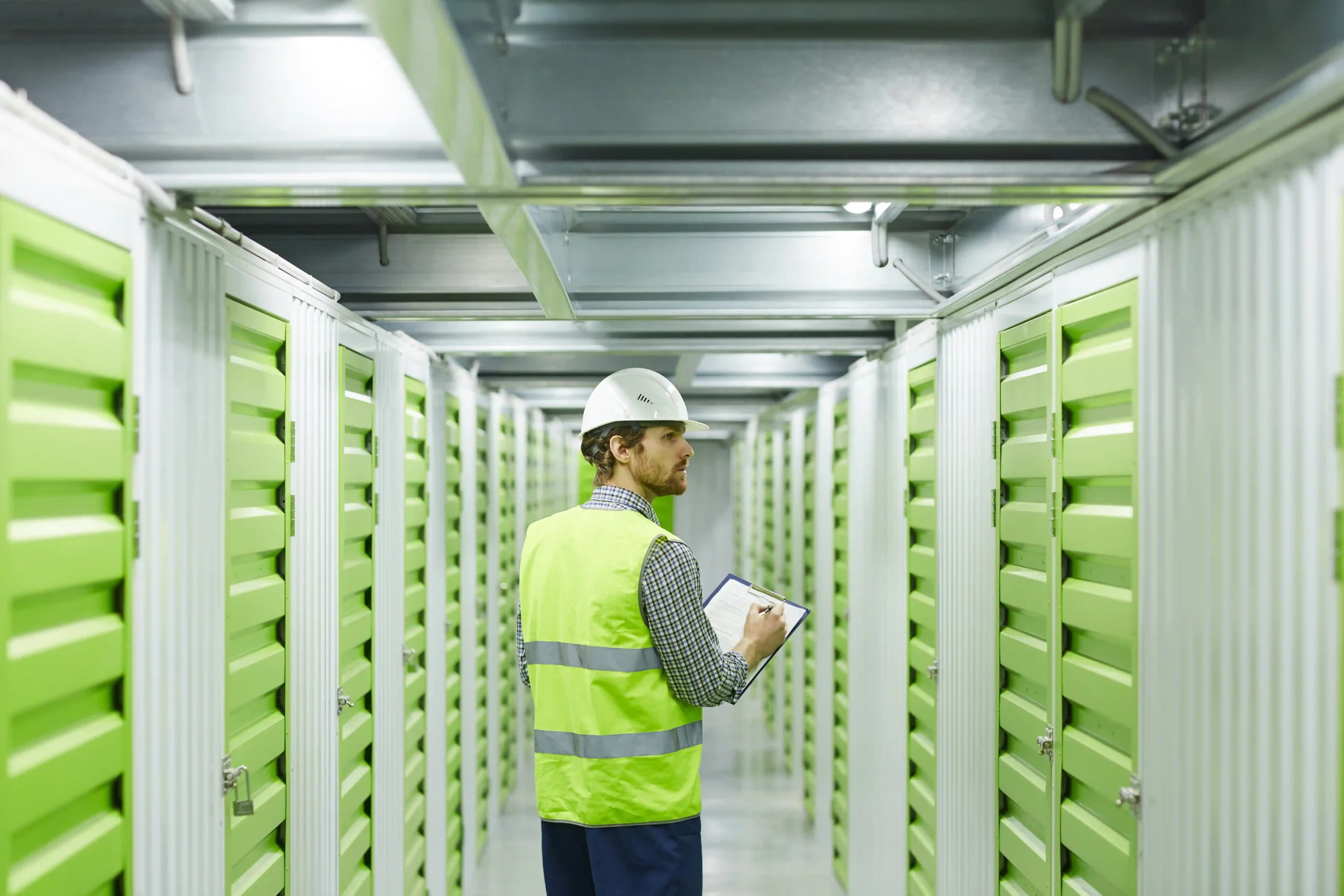 Warehouse inspector evaluating storage units, demonstrating how data warehouse storage helps maintain accurate records and operational oversight.
