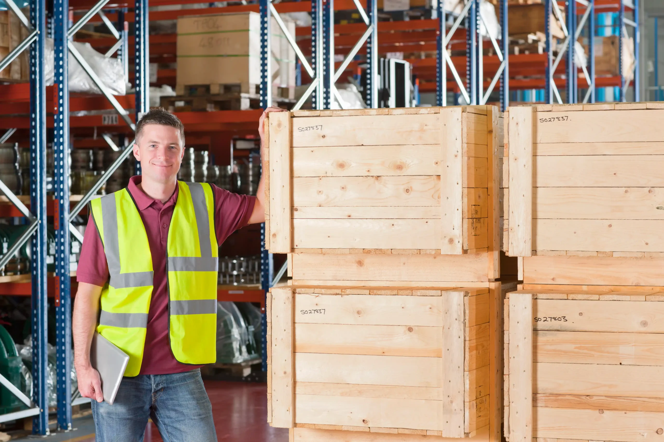 Warehouse employee inspecting wooden warehouse storage crates for shipping and inventory management.
