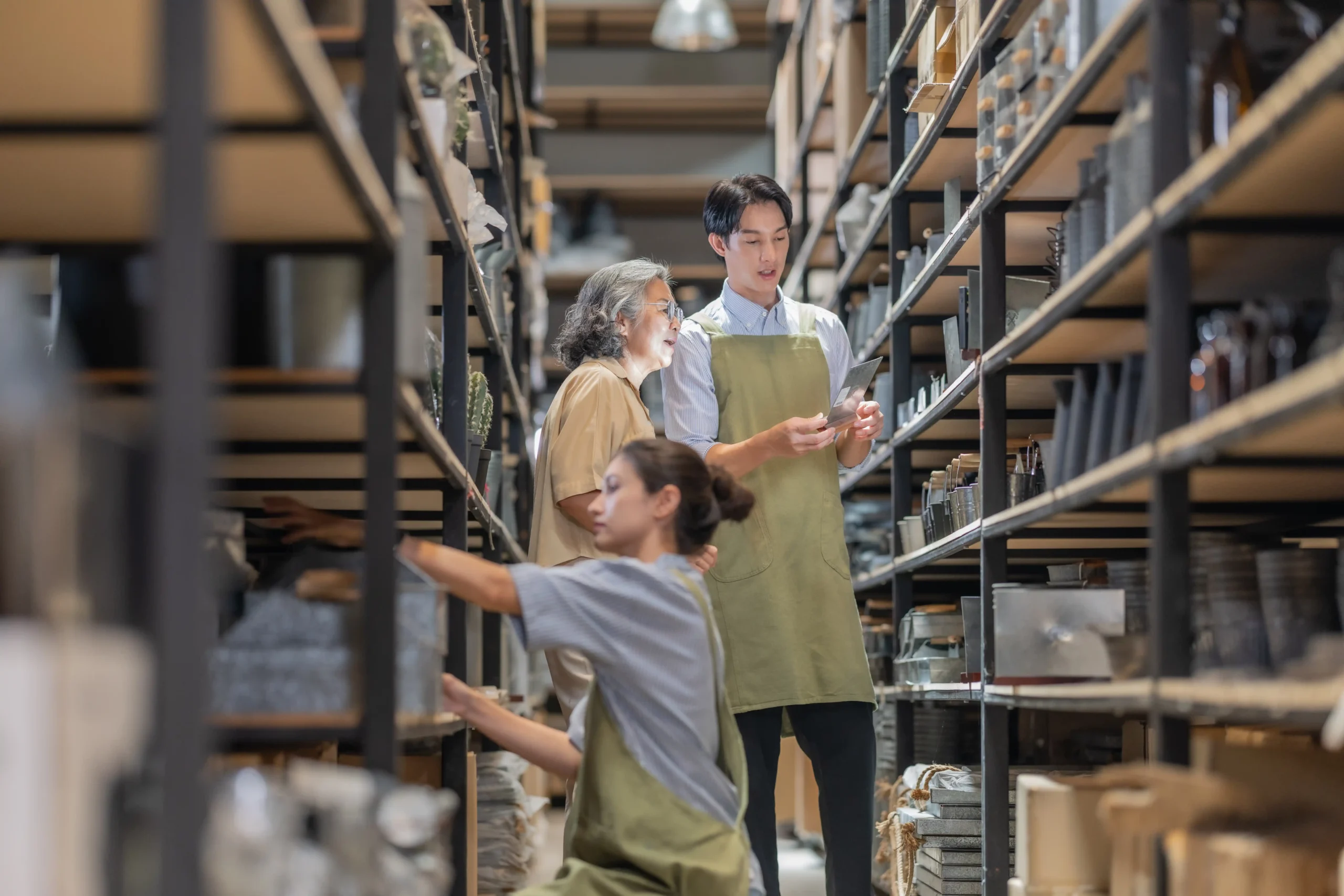 Warehouse team arranging products across shelving units during daily clothing warehouse storage operations.