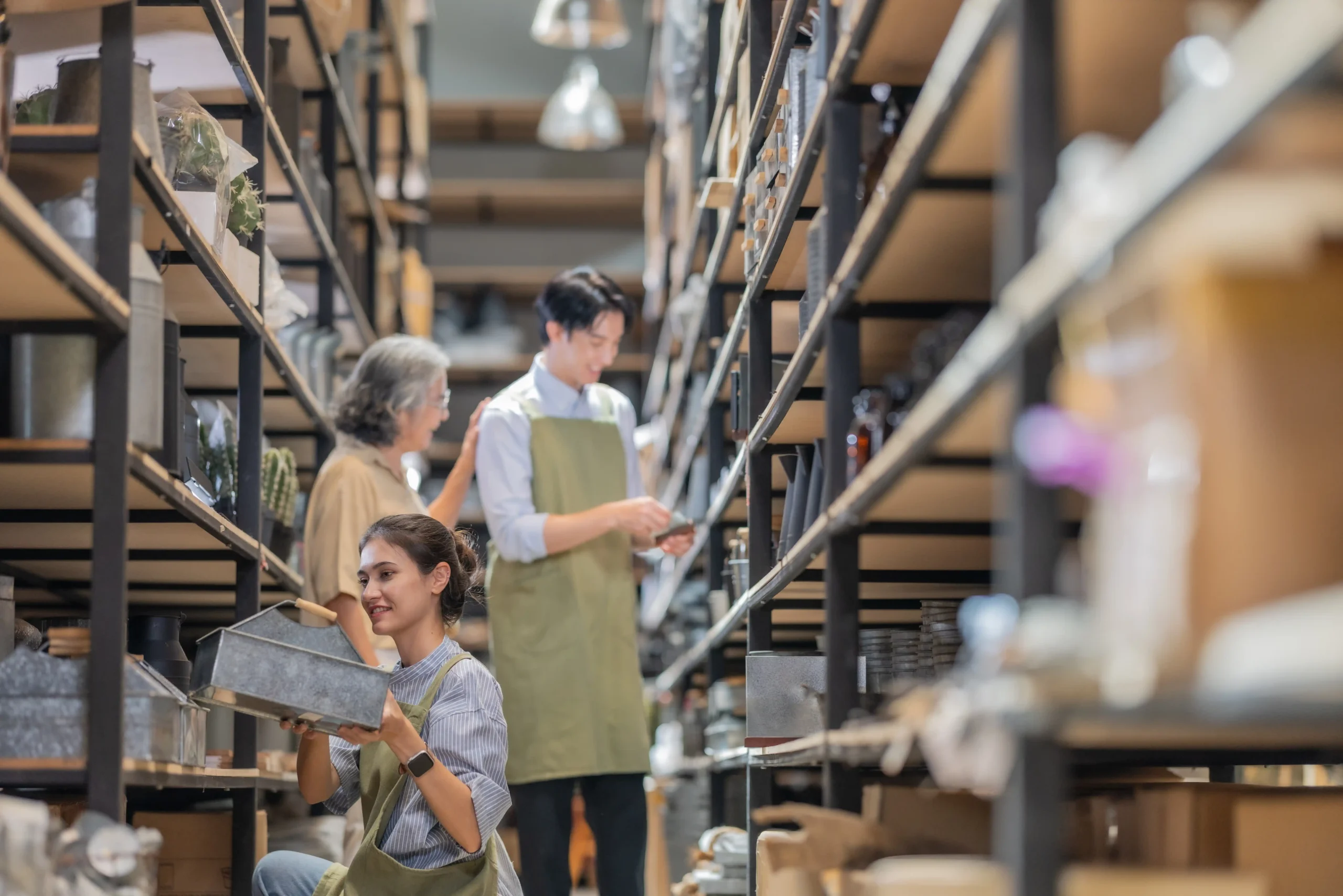 Workers organizing products on shelves inside a warehouse storage zone to improve picking and inventory accuracy.