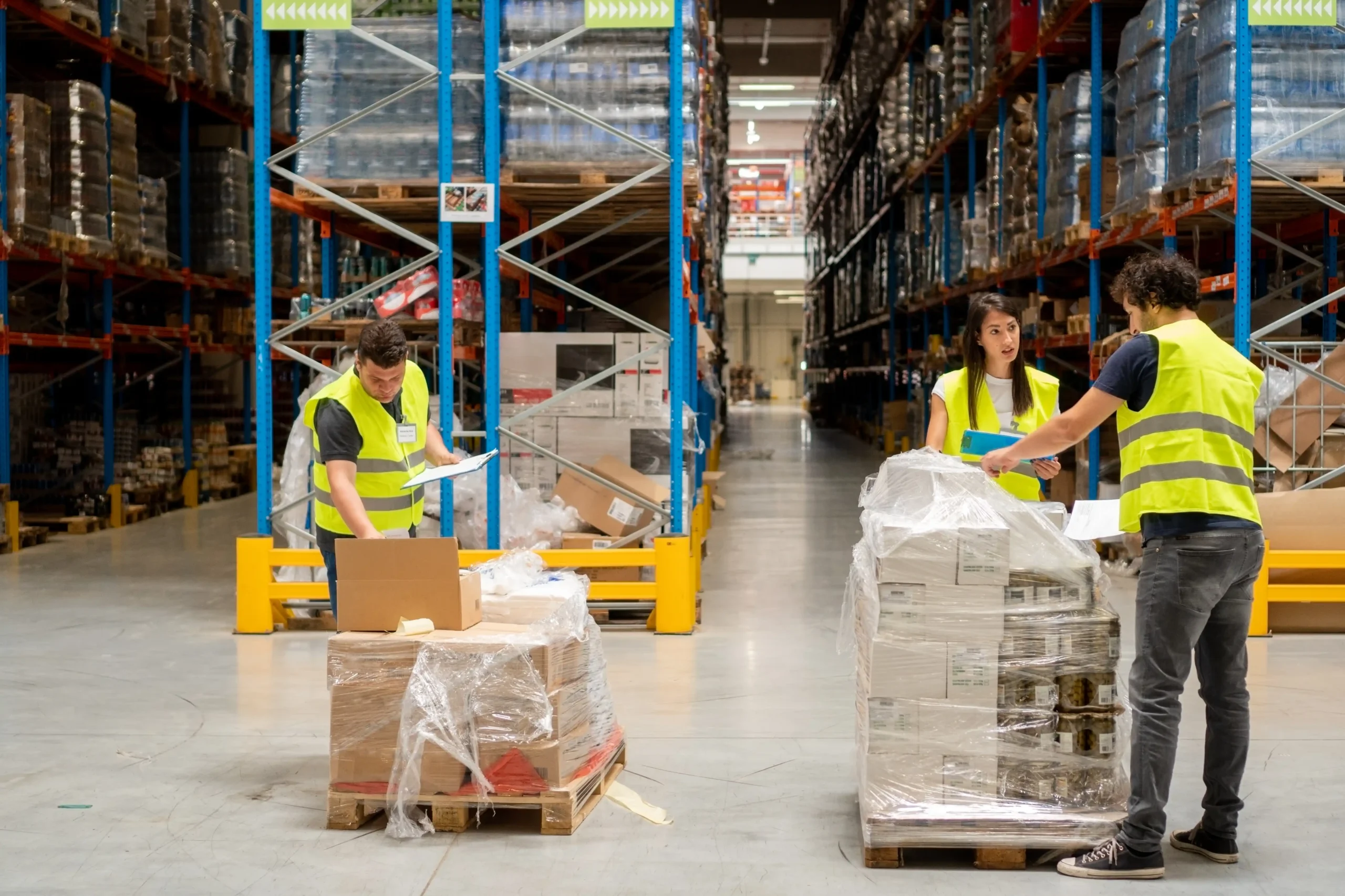 Warehouse staff organizing pallet shipments and reviewing documents, showing real workflow factors that impact warehouse storage rates per pallet.