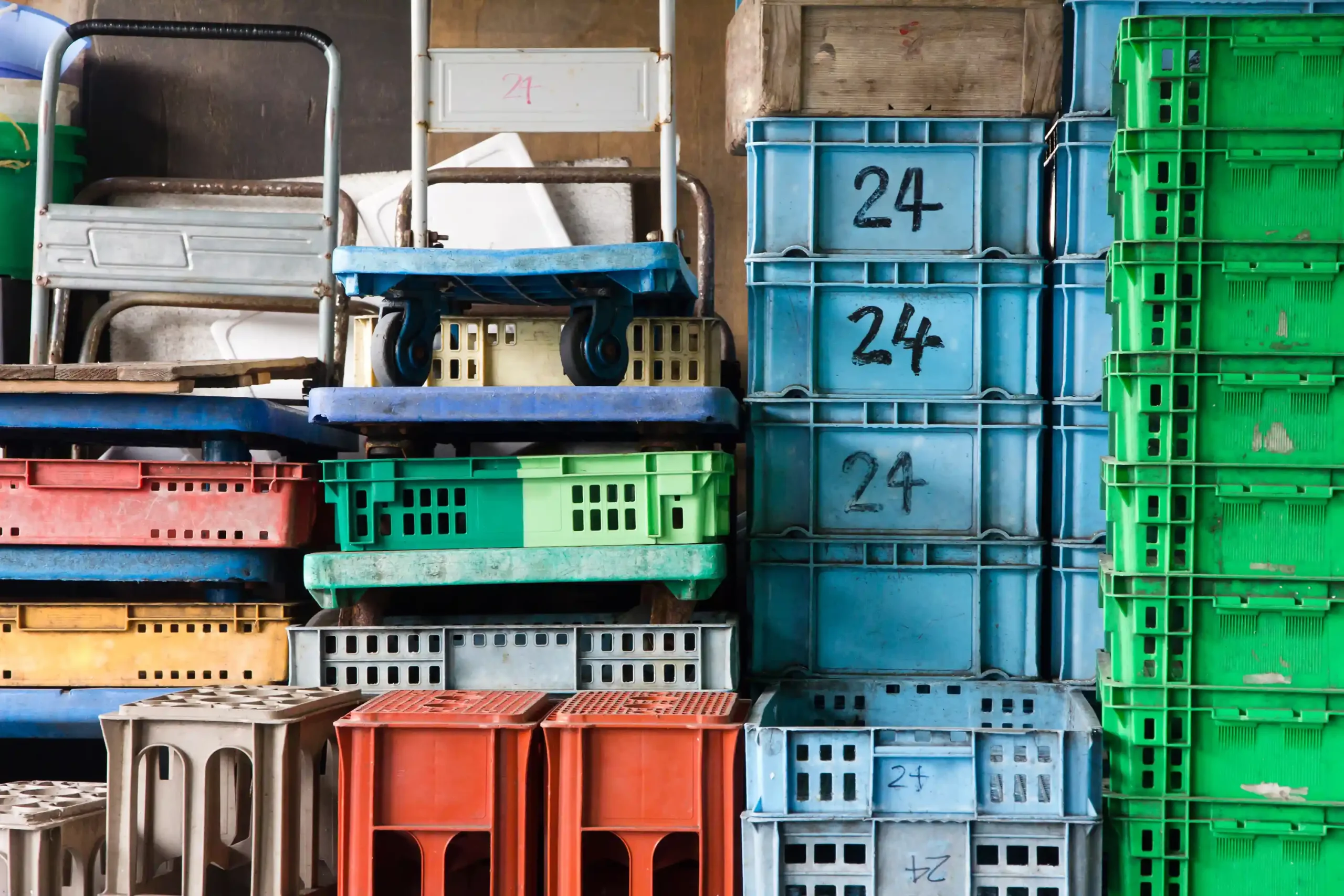 Assorted plastic warehouse storage crates stacked for multi-category inventory organization.