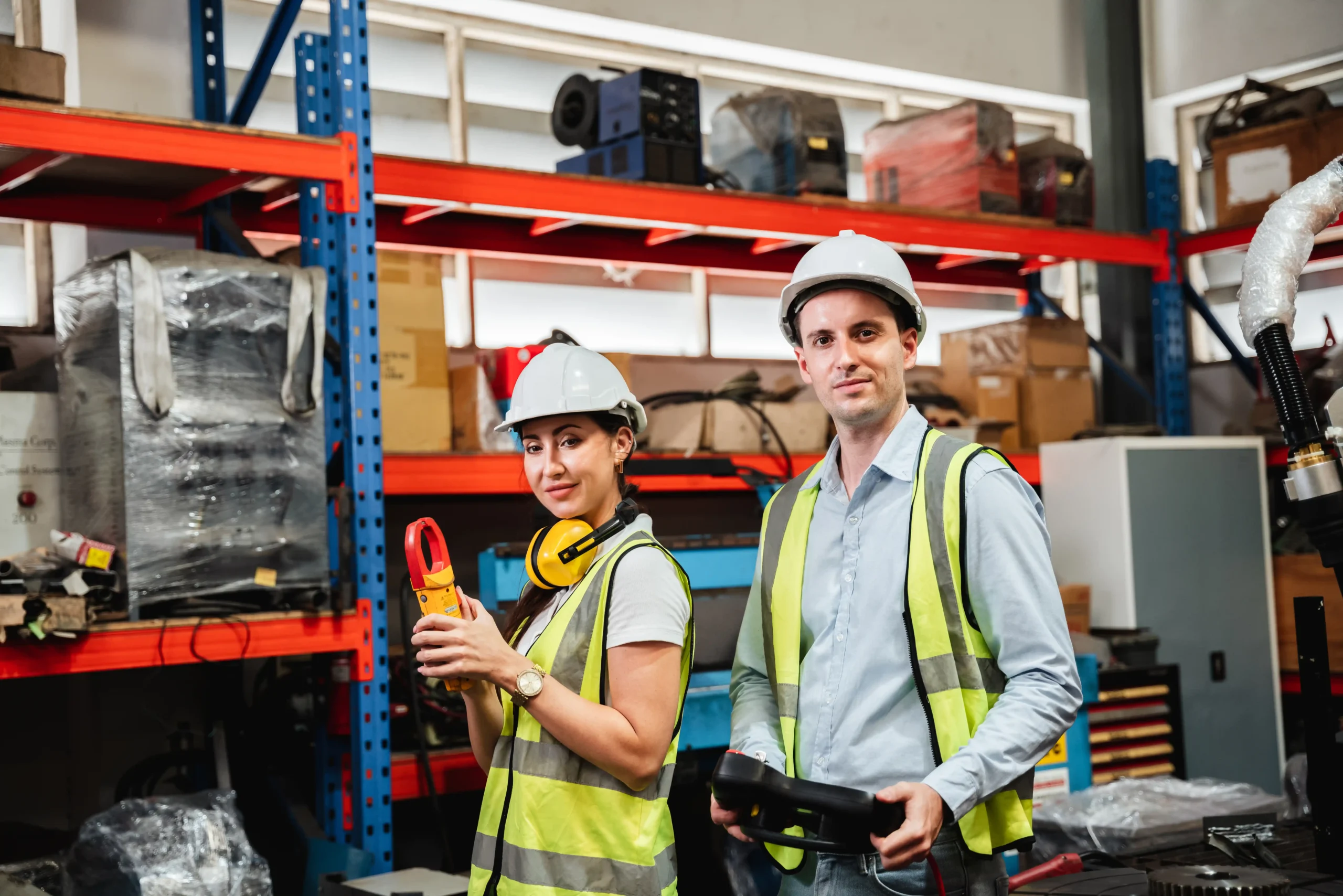 Two warehouse workers wearing safety vests and hard hats inside a storage facility, demonstrating the professional environment supported by warehouse storage companies.