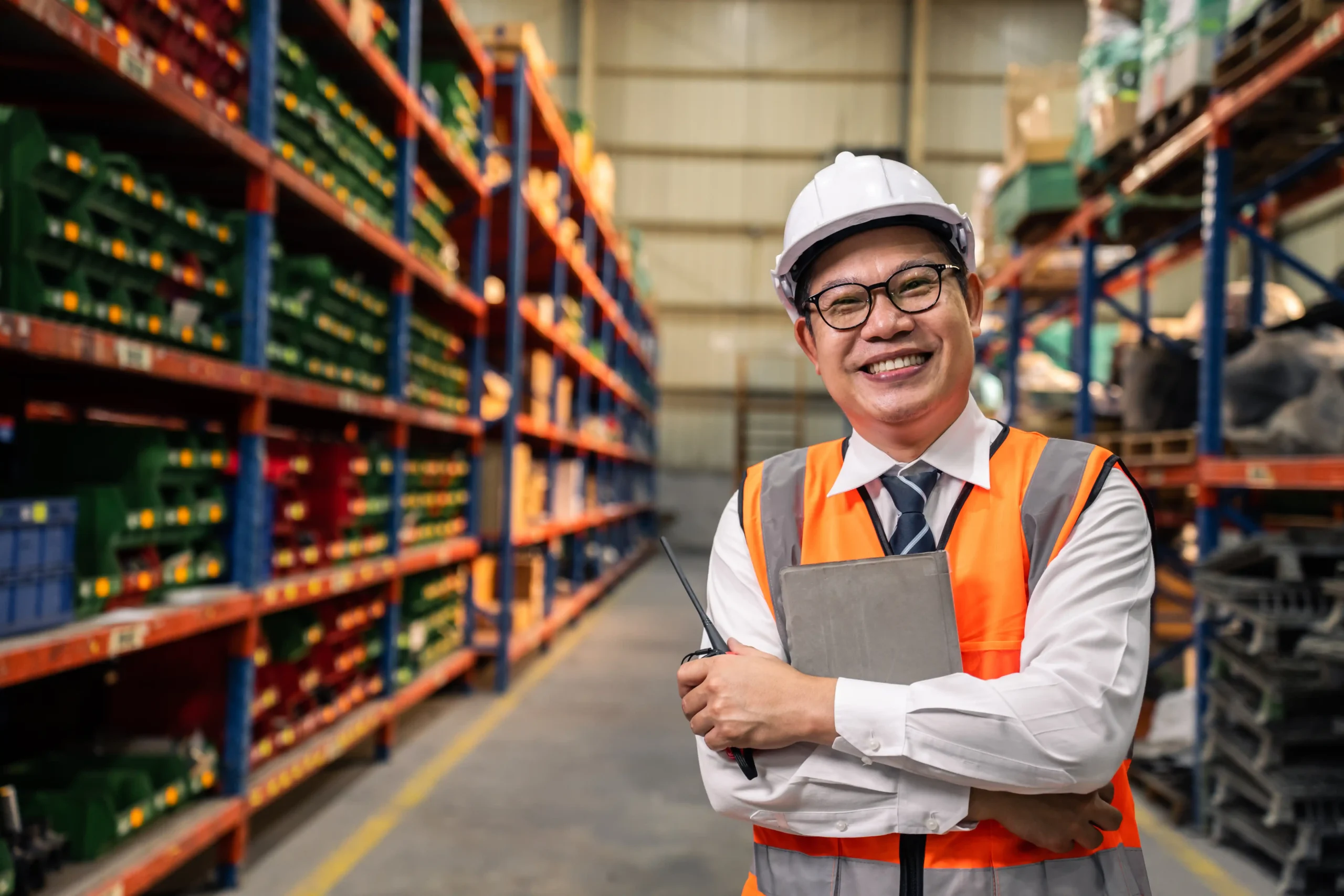 Warehouse and logistics specialist standing in a warehouse aisle with safety gear while managing inventory and logistics tasks