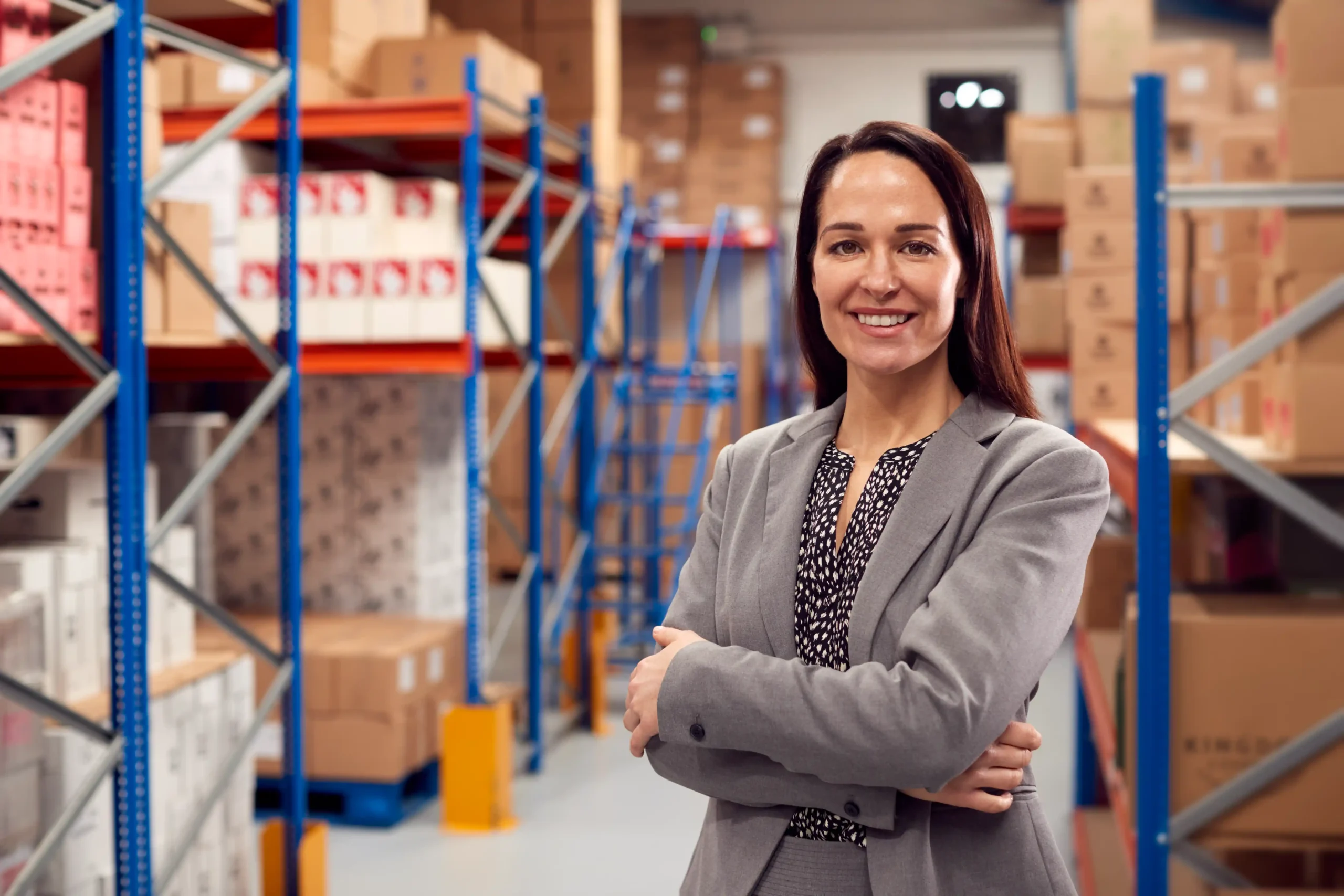 Warehouse and logistics specialist standing confidently in front of warehouse shelving used for organized storage and fulfillment