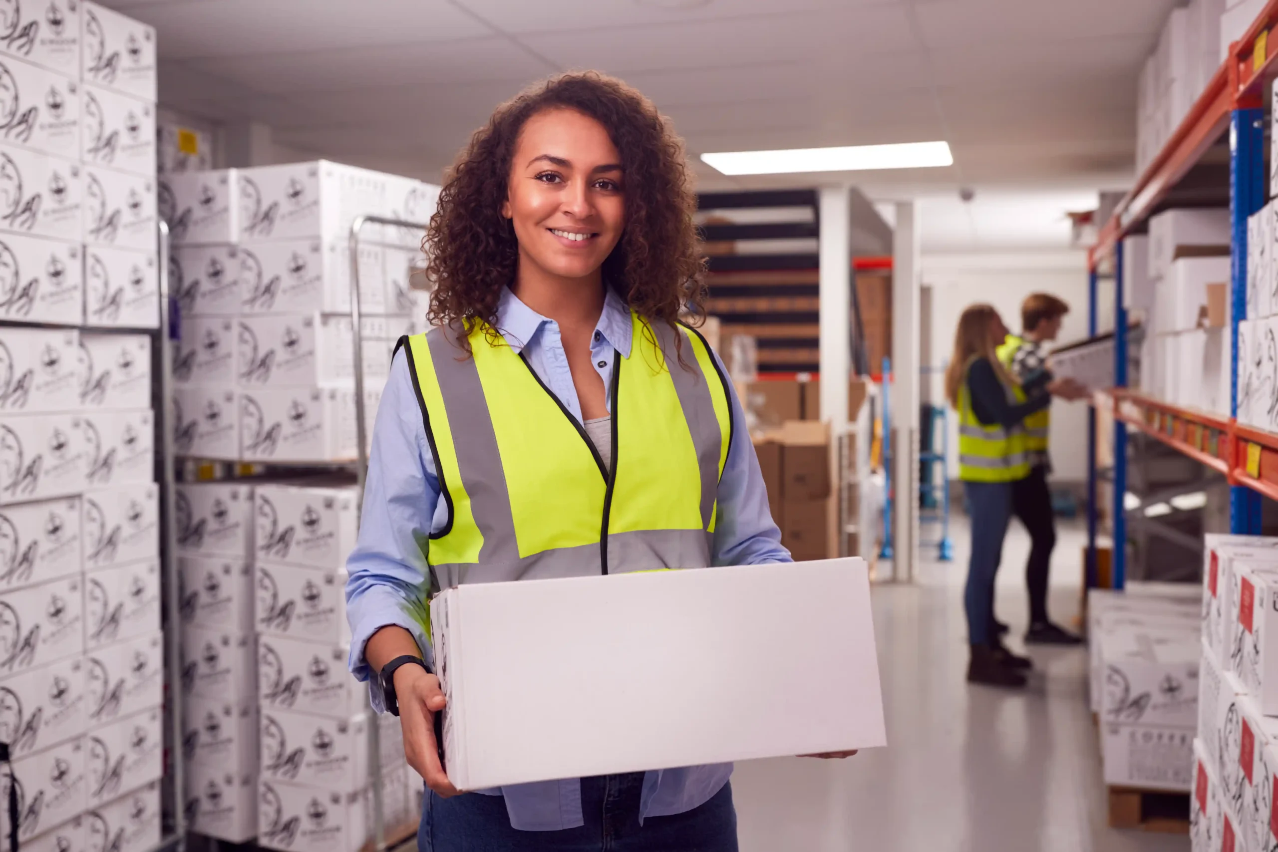 Female warehouse associate holding packaged order inside a distribution center supporting fulfillment services california