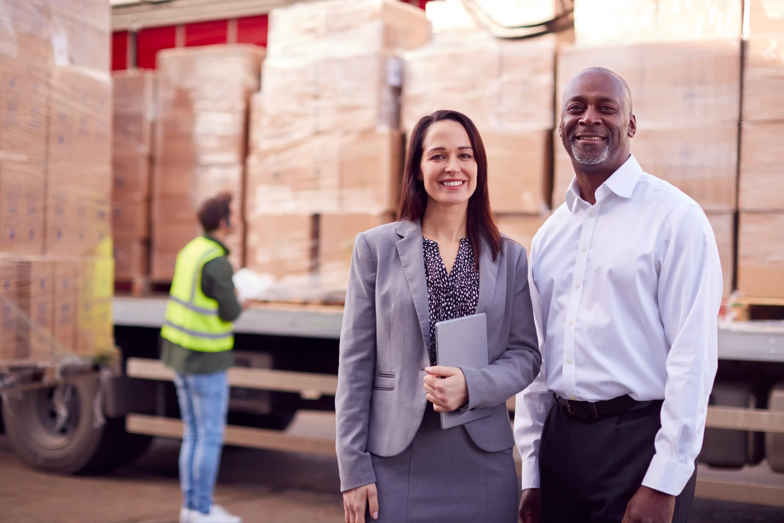 Two logistics managers standing in front of inbound freight while workers unload pallets as part of 3pl warehouse storage services.