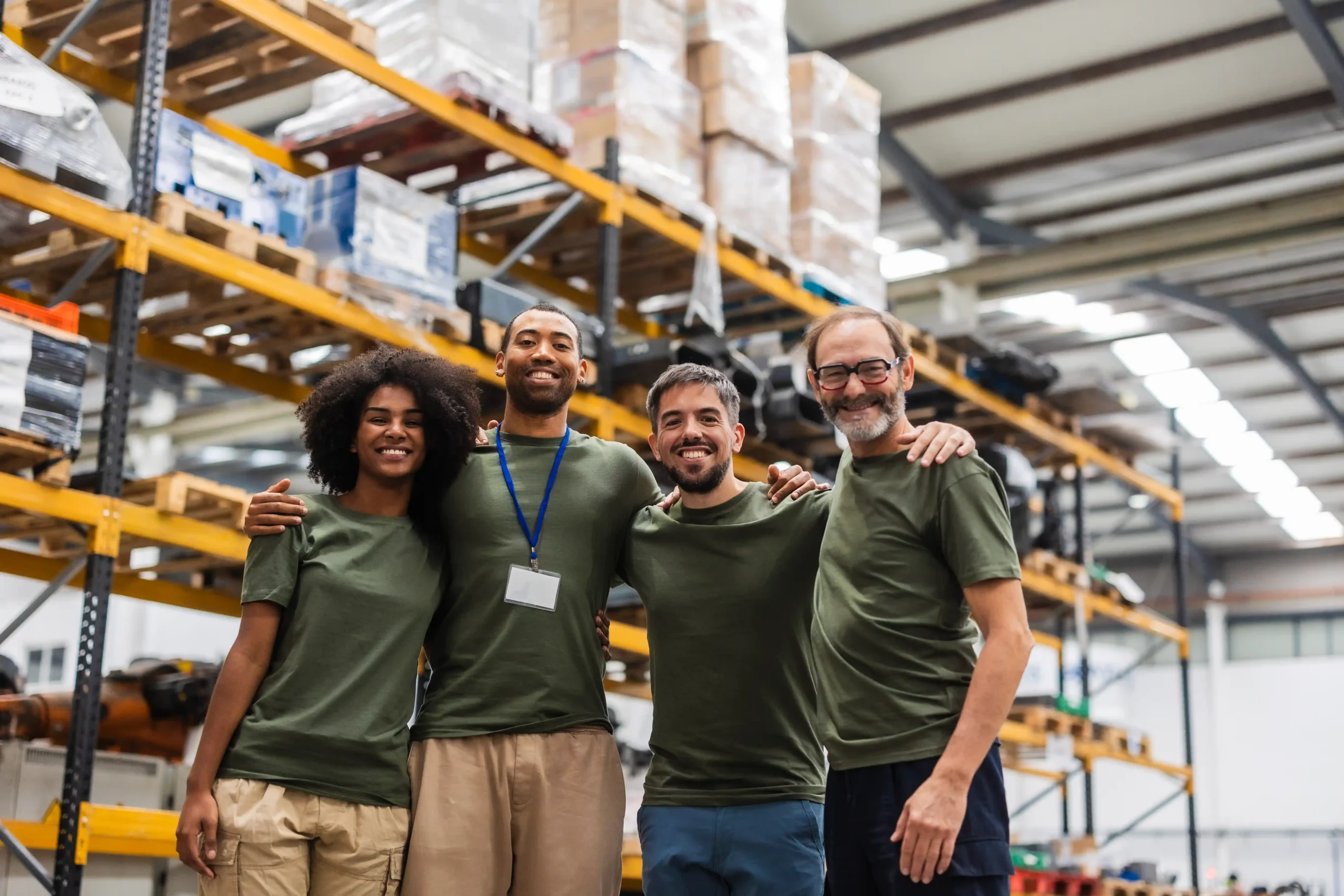 A diverse warehouse team smiling together in front of storage racks, highlighting strong culture and staffing in a warehouse storage business.