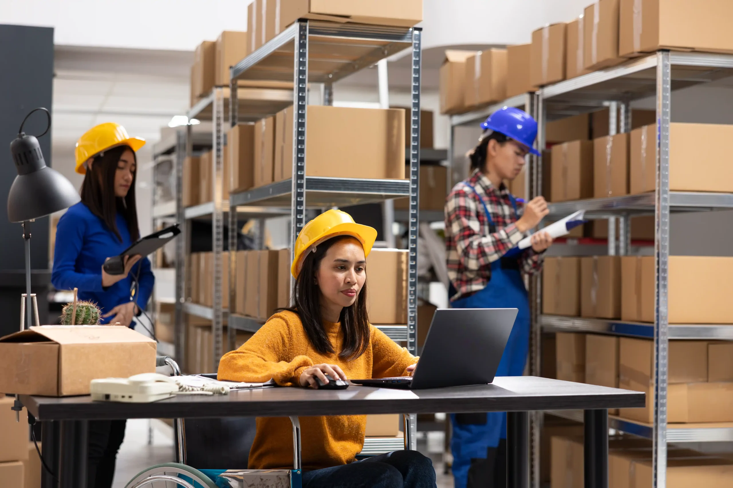 Warehouse logistics optimization supporting inclusive and efficient warehouse operations with accessible workstations and organized storage systems.