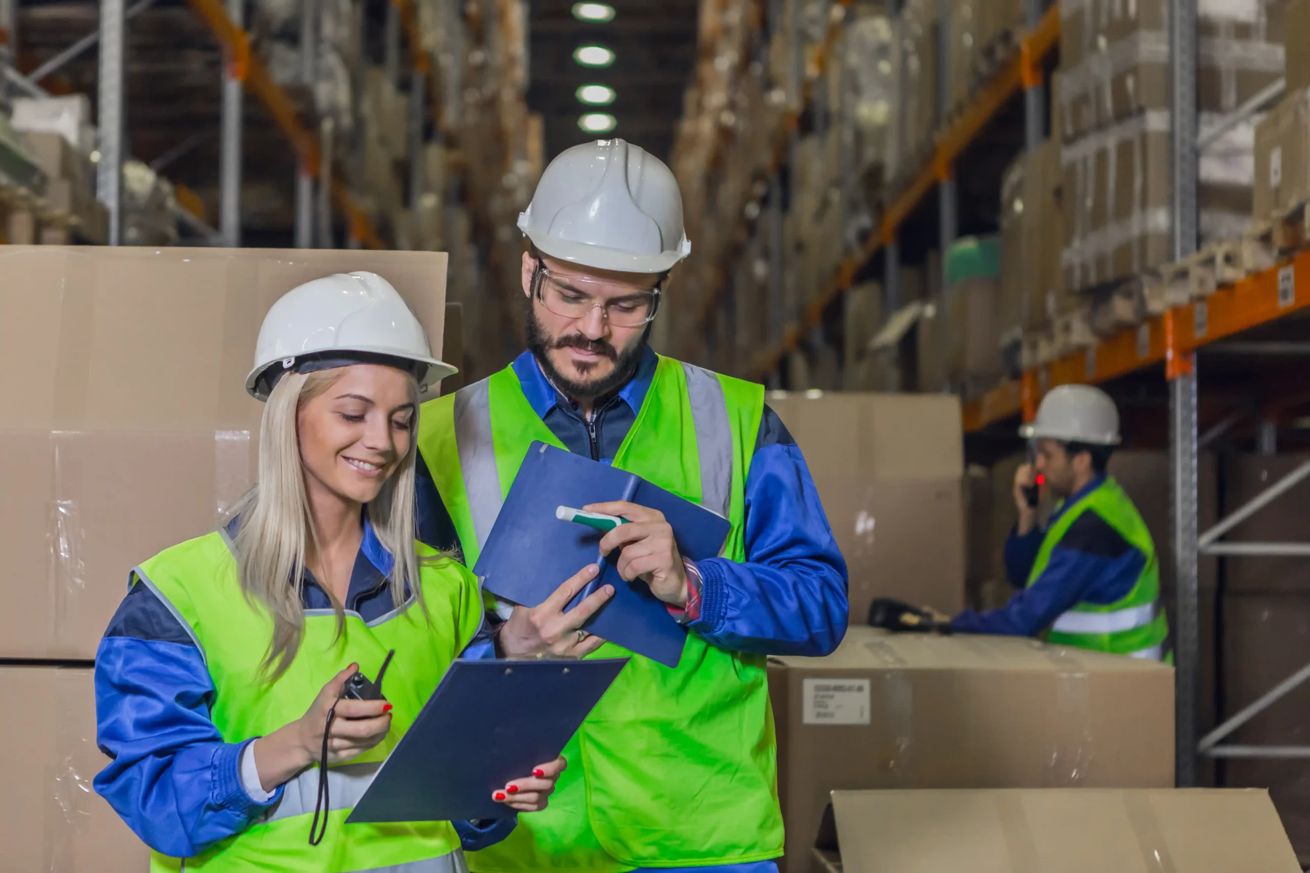 Warehouse workers reviewing checklists to support accurate warehouse and storage management.