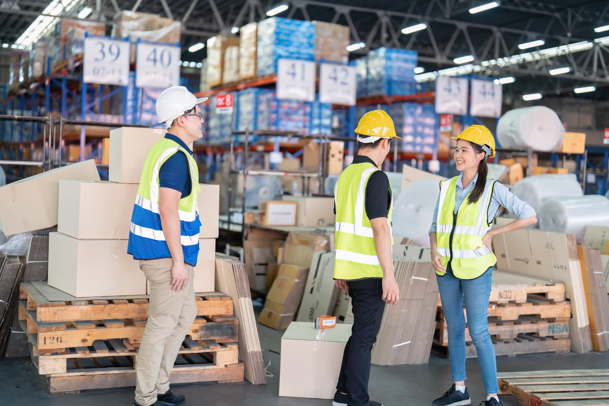 Warehouse staff collaborating on daily operations, reflecting teamwork skills taught in warehouse and logistics courses