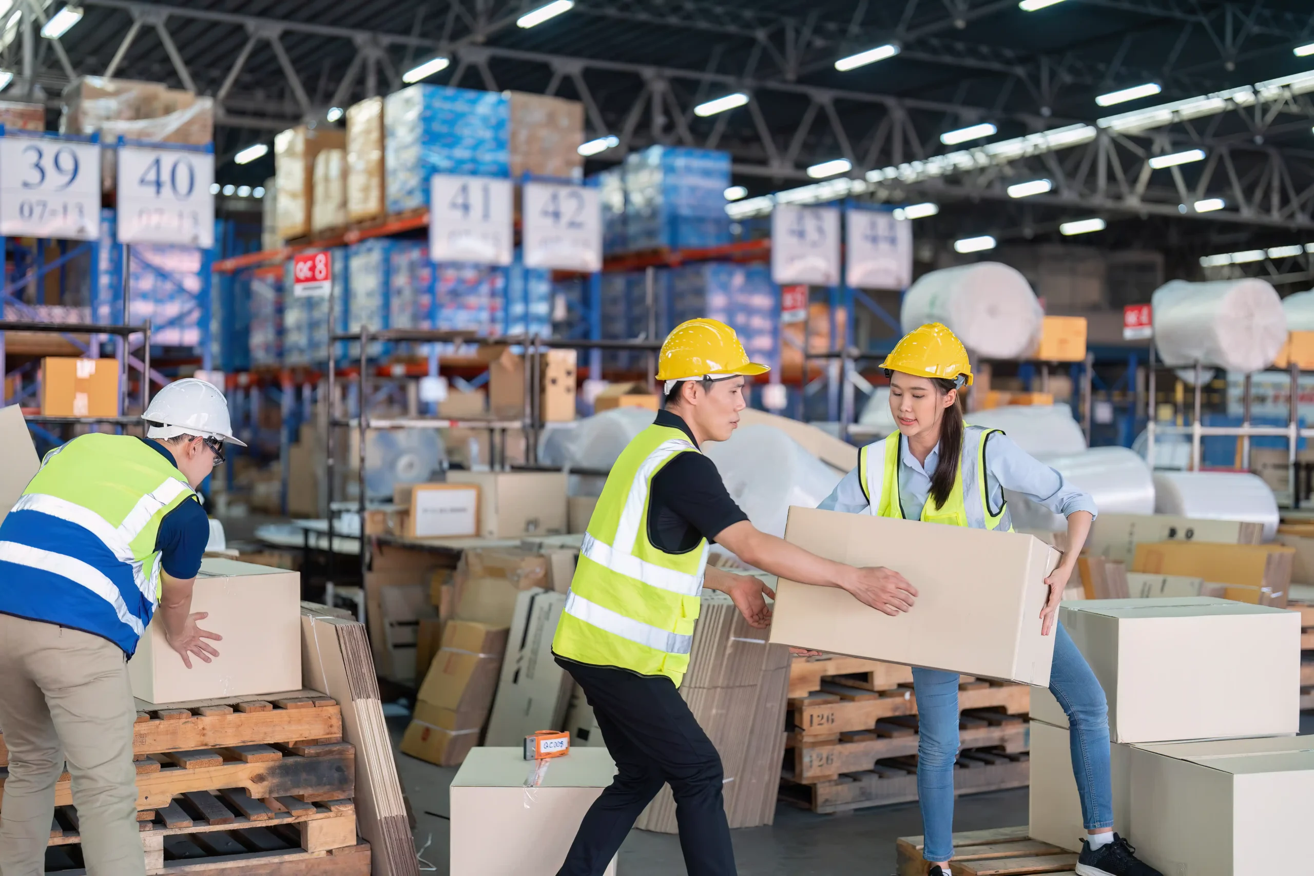 Warehouse team packing and organizing boxes on pallets inside a facility equipped with warehouse storage solutions for small items.