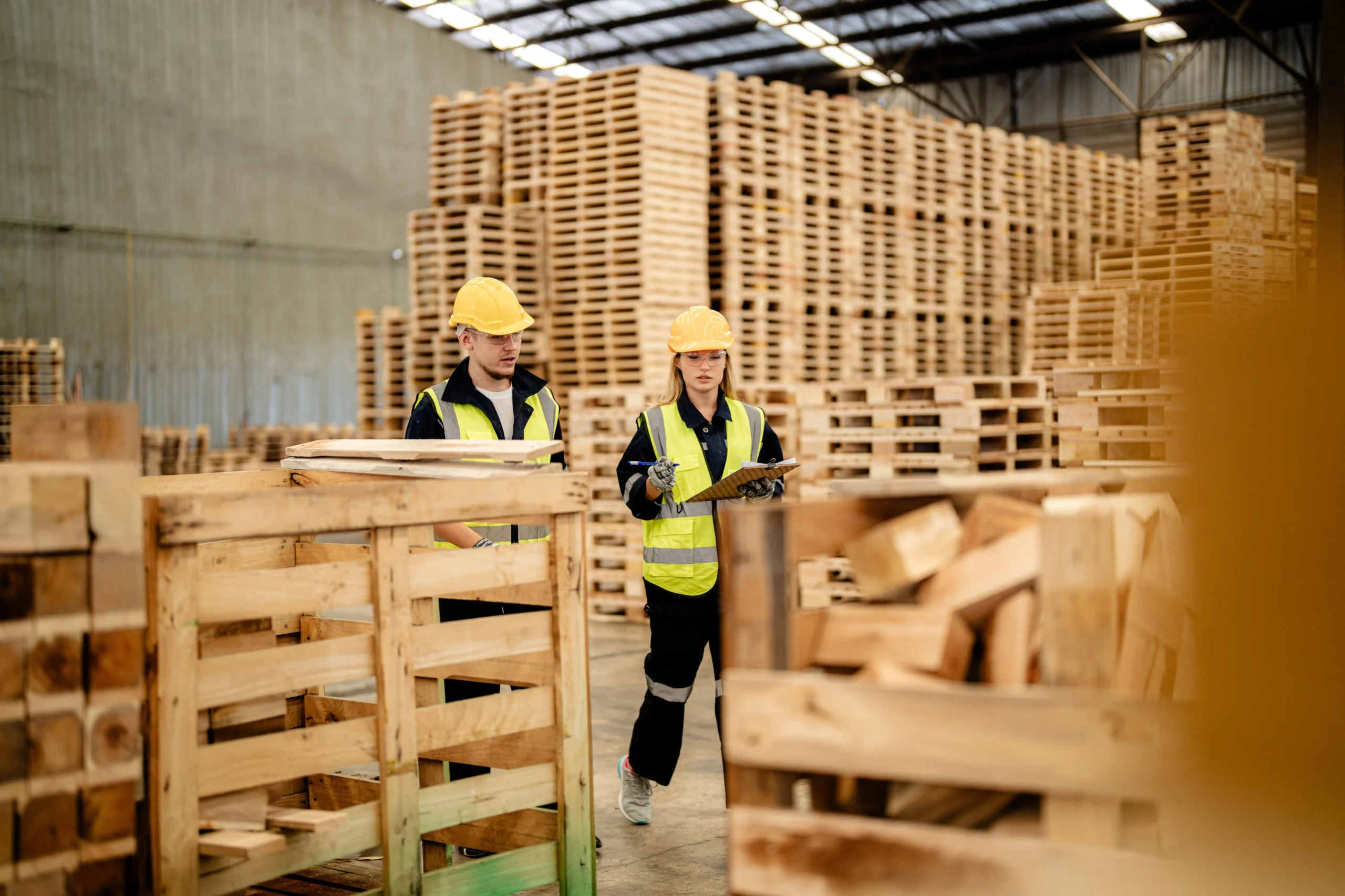 Team inspecting warehouse equipment and pallet materials, highlighting operational conditions that influence warehouse storage rates per pallet.