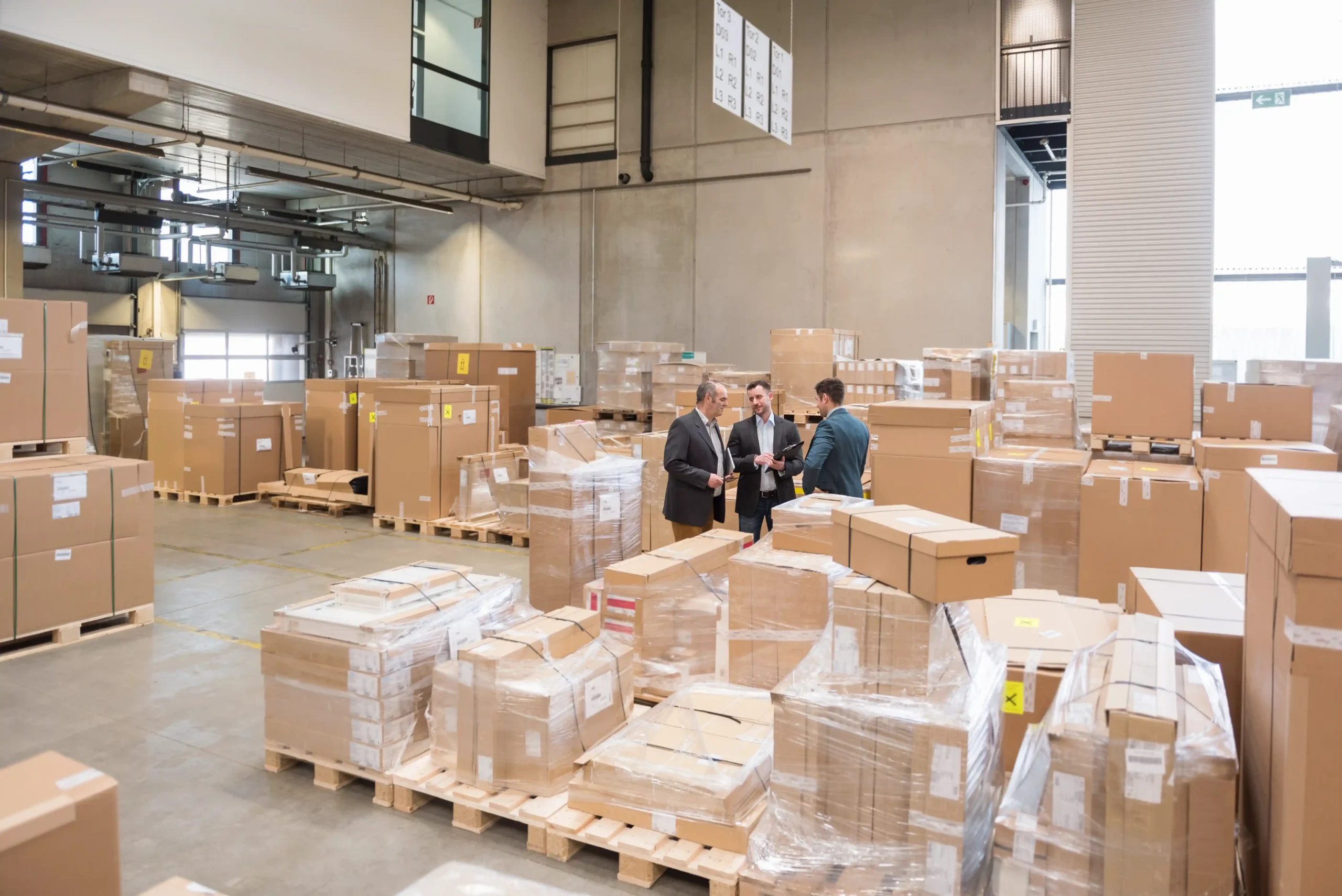 Business team meeting among stacked pallets inside a commercial facility offering small warehouse storage for rent.
