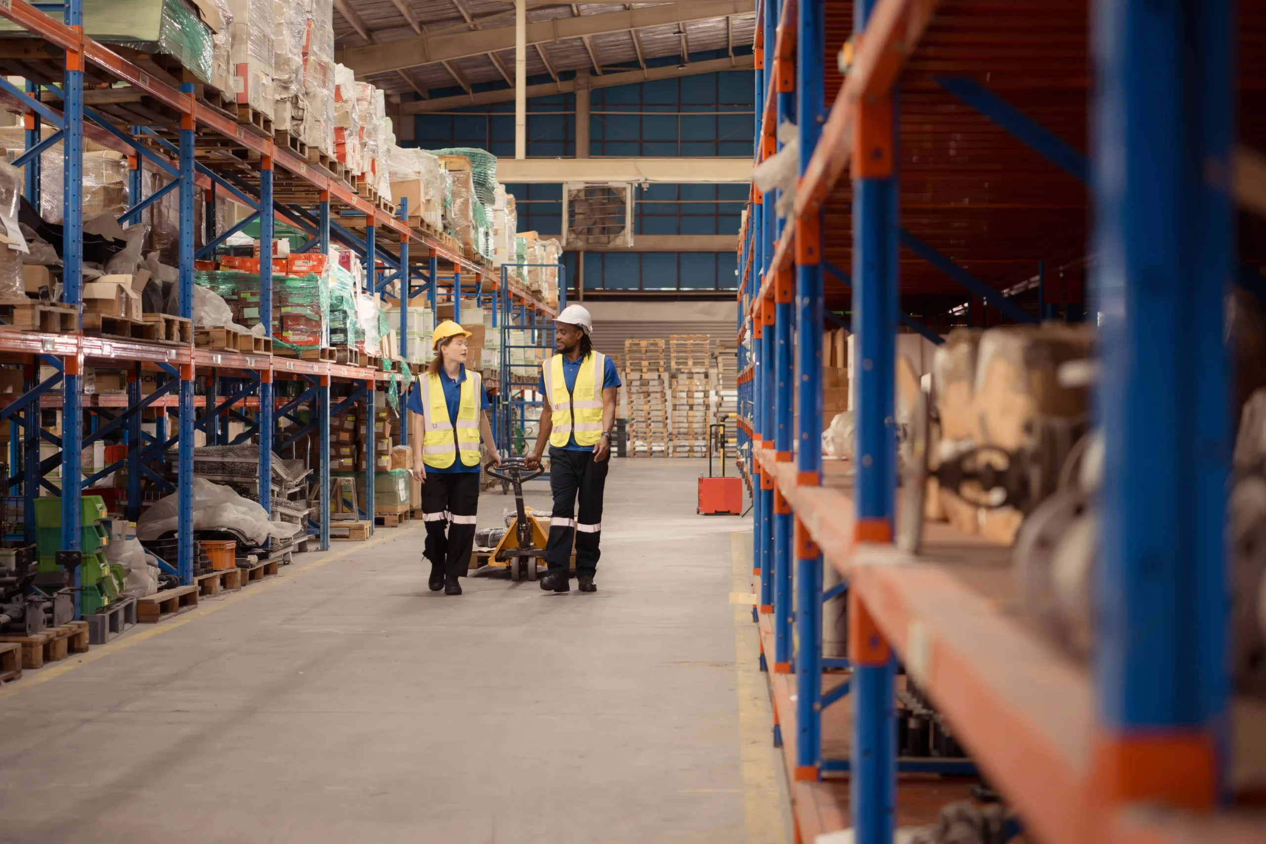 Two warehouse workers walking down narrow pallet aisles in a compact warehouse, demonstrating optimized little warehouse storage layout.