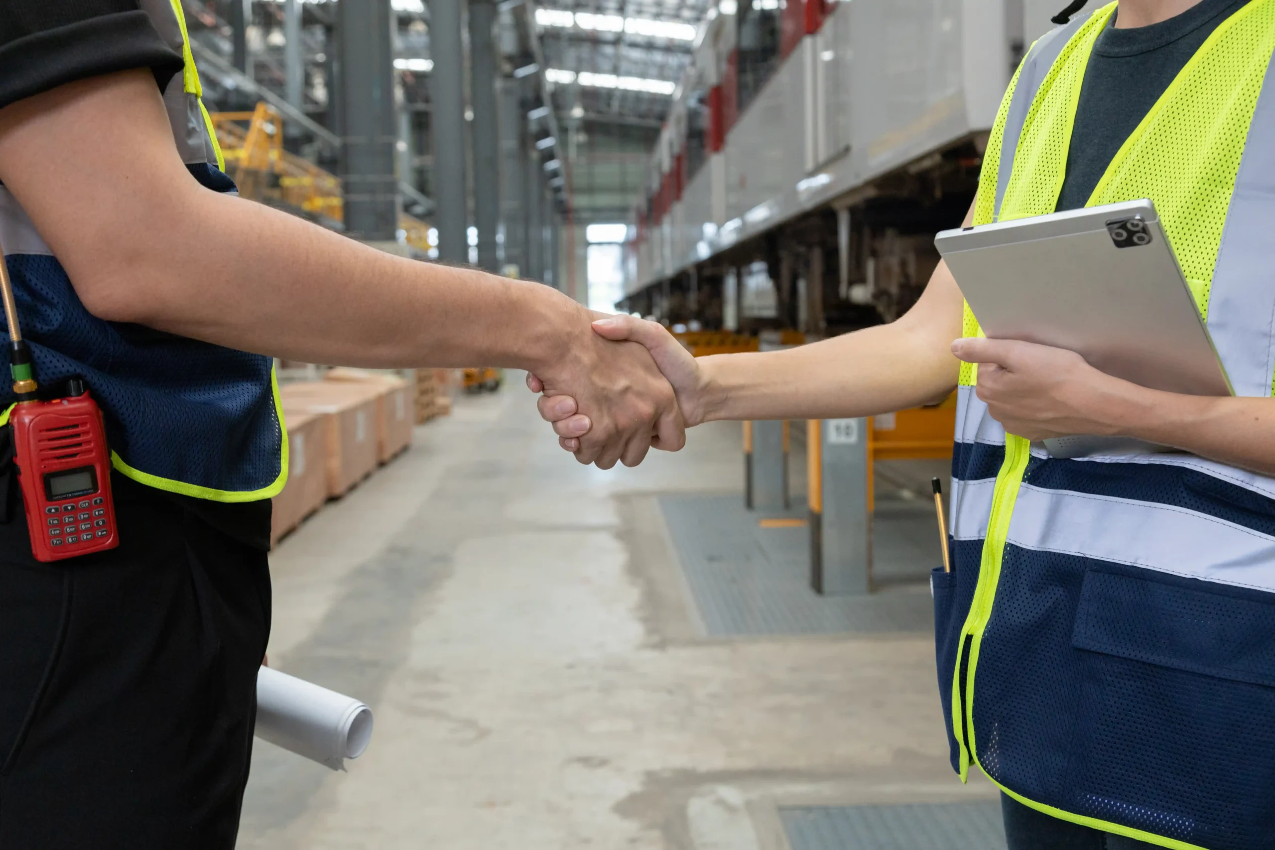 Two warehouse staff in safety vests shaking hands while reviewing operational terms from a warehouse storage agreement in an industrial facility.