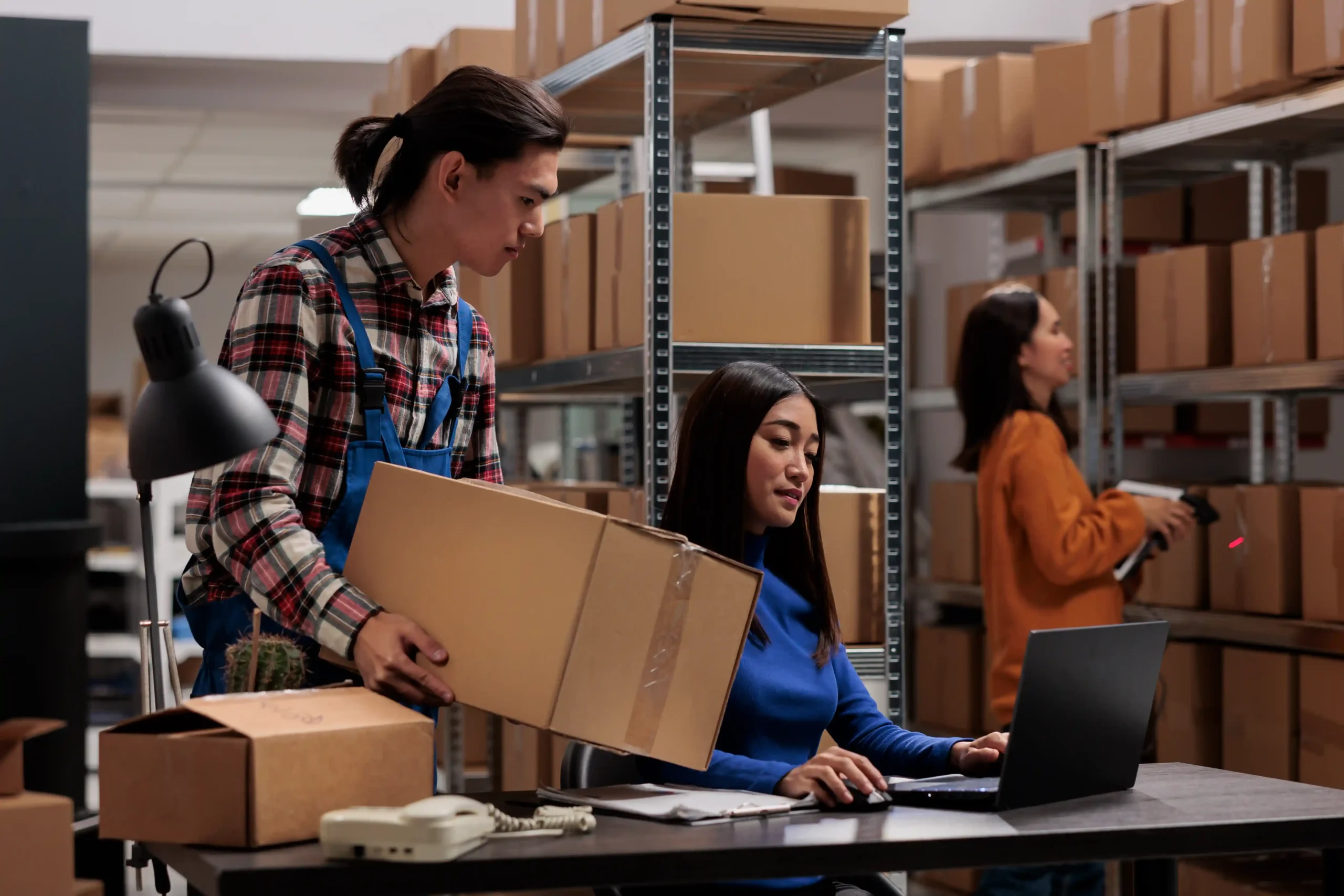 Warehouse staff coordinating inventory and shipping tasks for ecommerce fulfillment logistics workflow