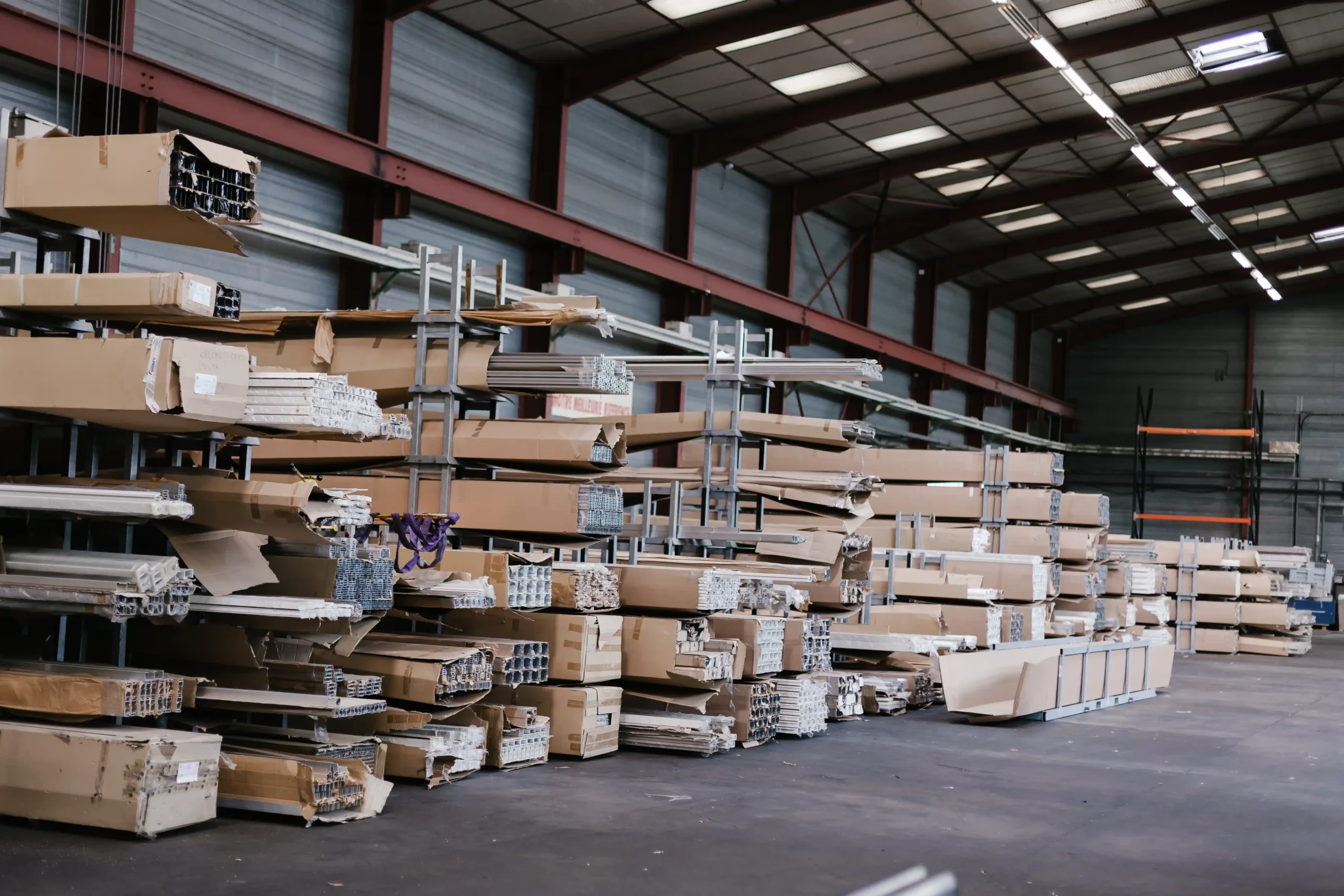 Large racks storing aluminum and packaged materials inside an industrial small warehouse storage for rent setup.
