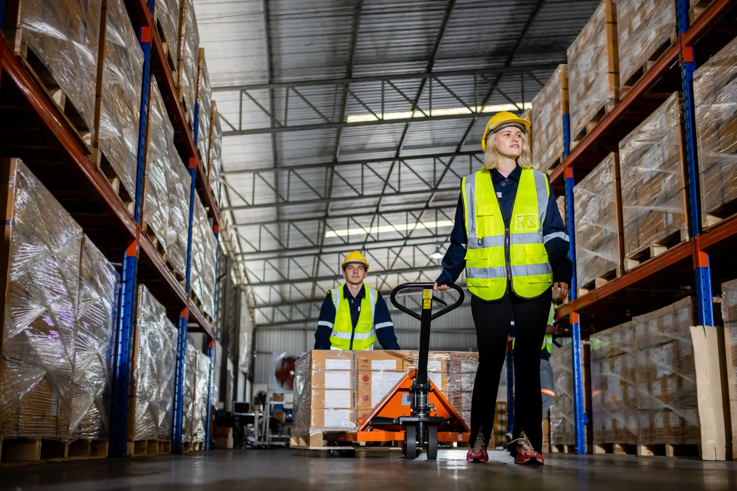 Workers transporting palletized goods inside a warehouse storage tent with high racking systems and safety equipment.