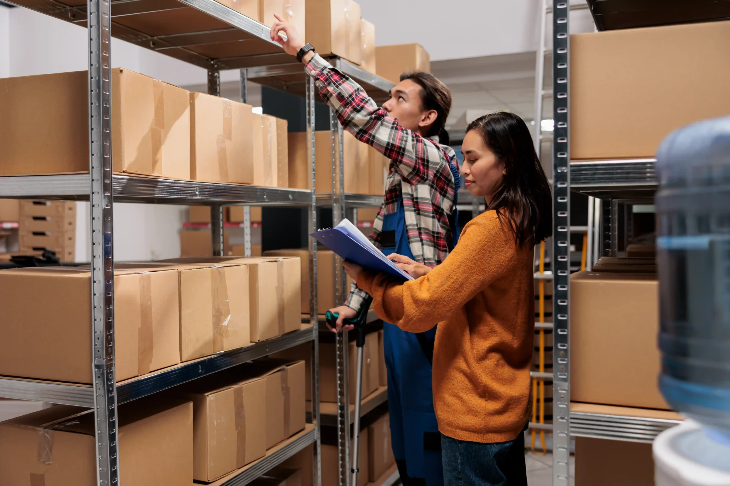 Warehouse manager coordinating staff during picking operations in an organized racking area using warehouse storage solutions for small items.