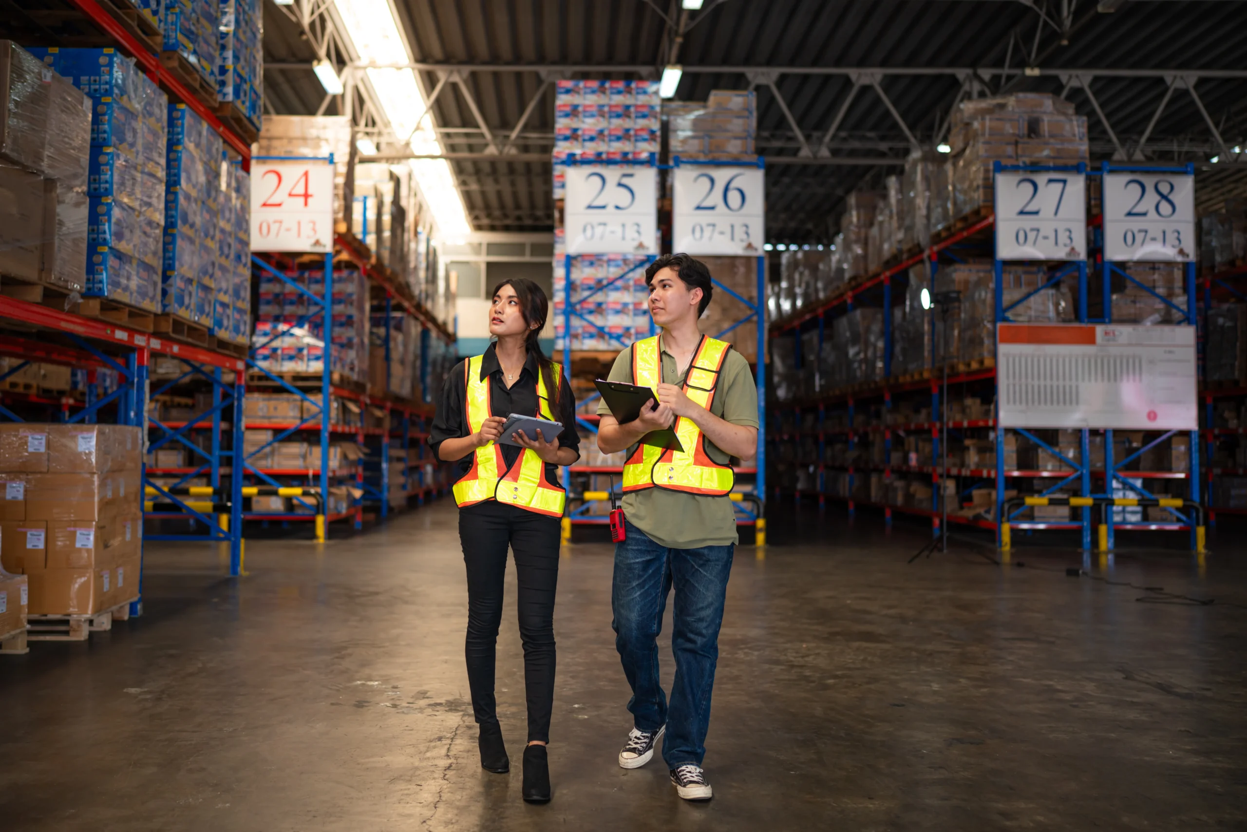 Warehouse managers walking through aisles and checking inventory locations to support warehouse storage optimization.