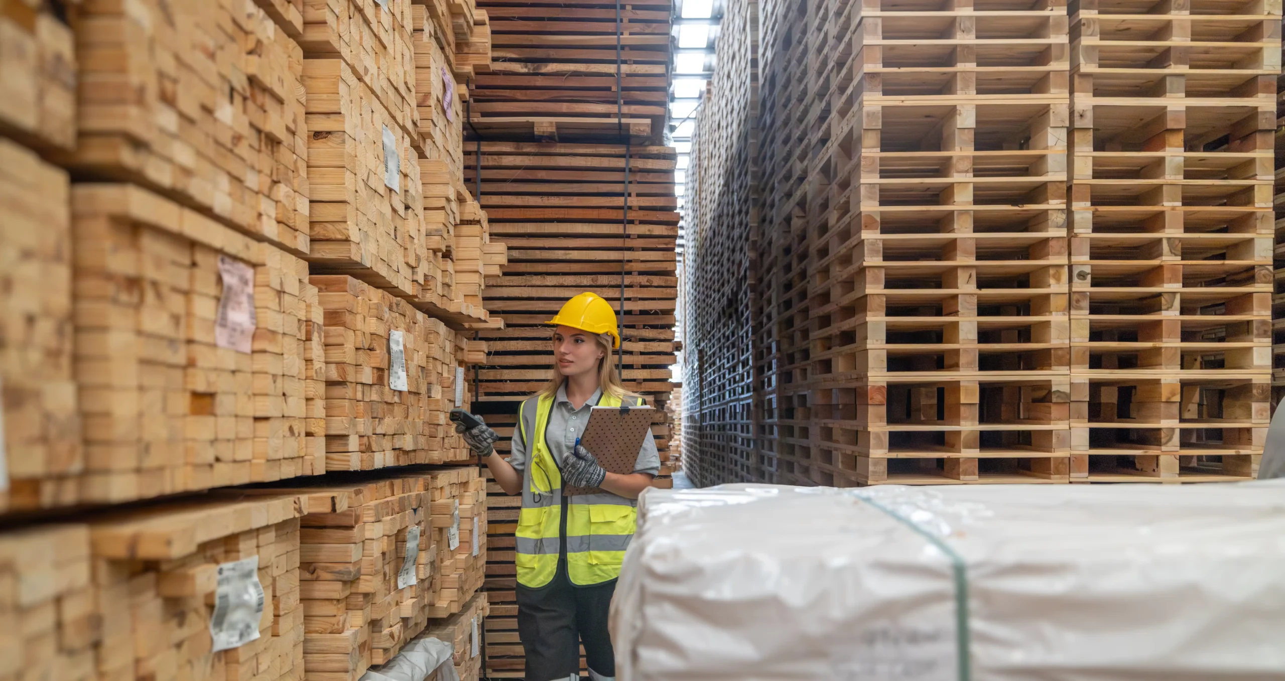 Warehouse employee scanning and checking stacked wooden pallets, providing visual context for how warehouse storage rates per pallet are determined.