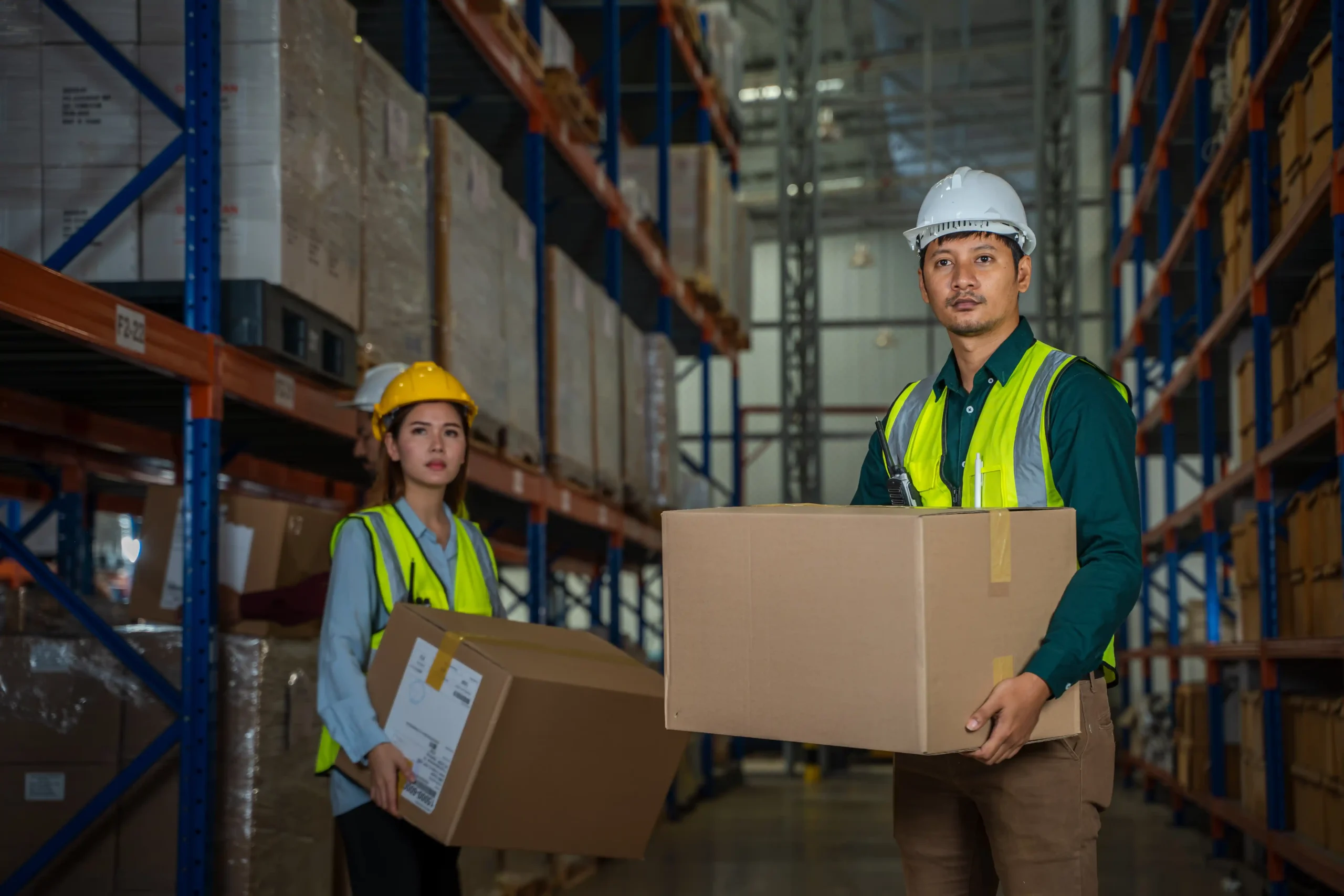 Warehouse staff carrying boxes while walking through organized storage aisles, showcasing practical small warehouse business ideas and operations.