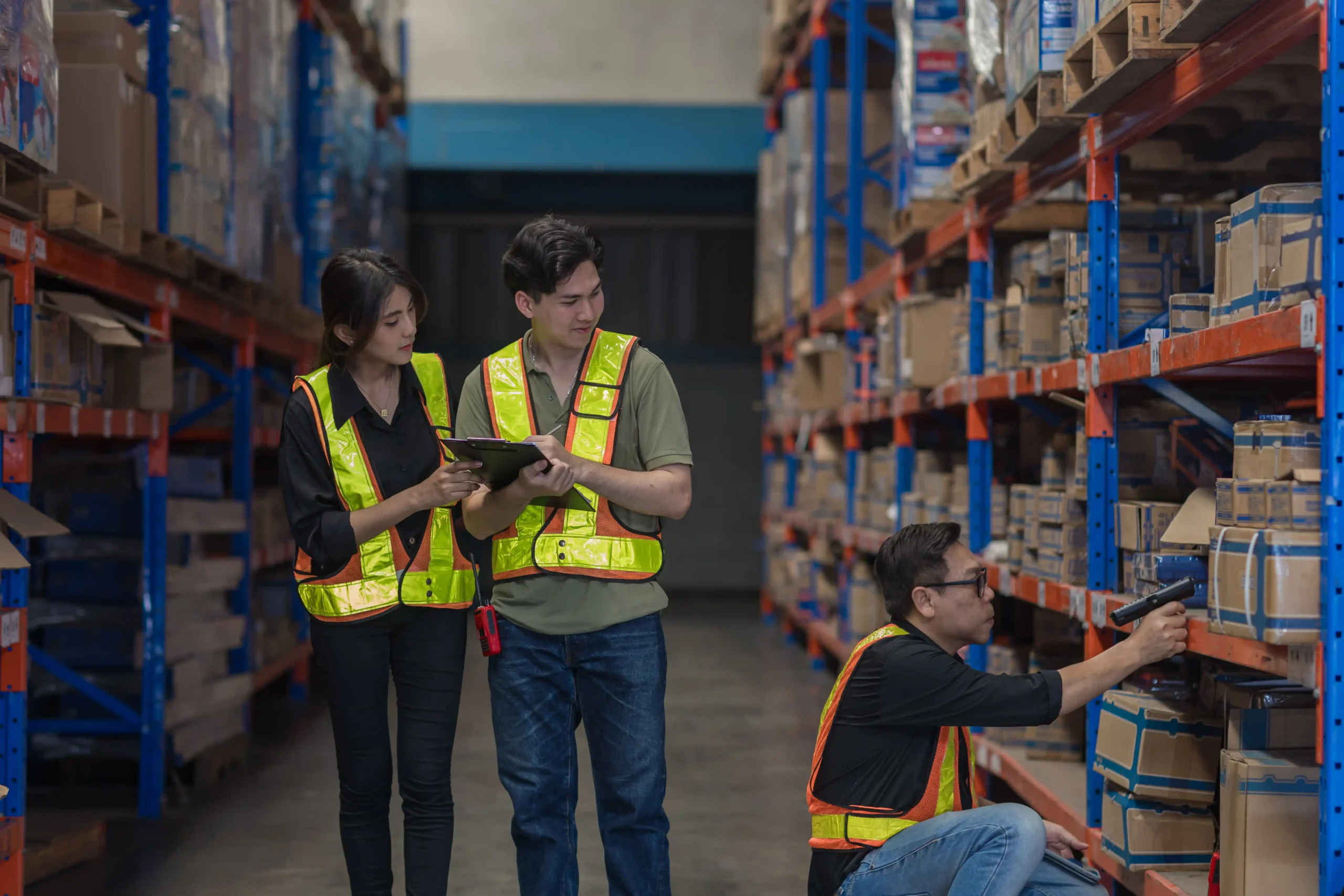 Warehouse employee inspecting inventory accuracy inside a fulfillment warehouse usa storage area