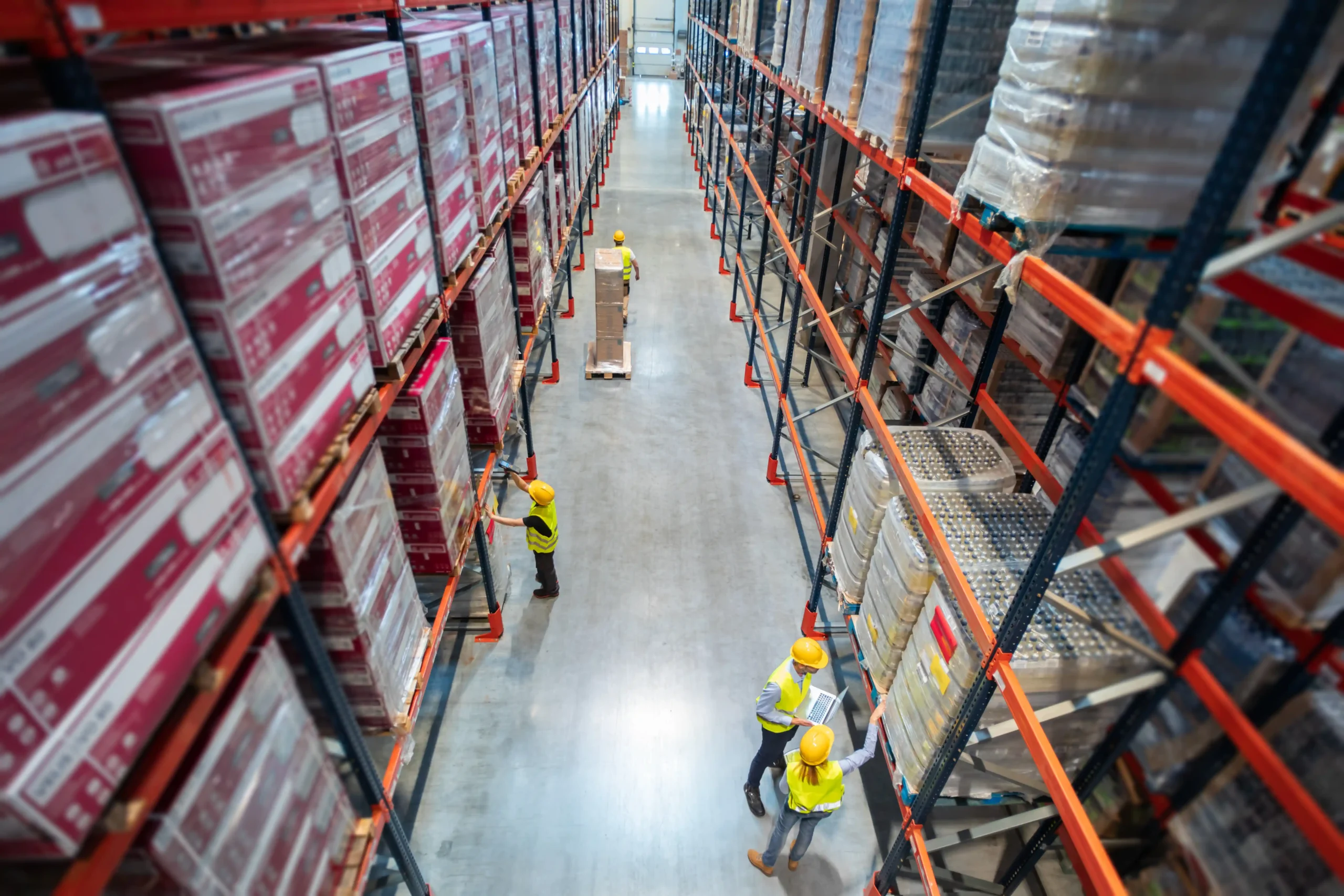 Warehouse team working between tall aisles of a warehouse storage rack system holding pallets and packaged products.