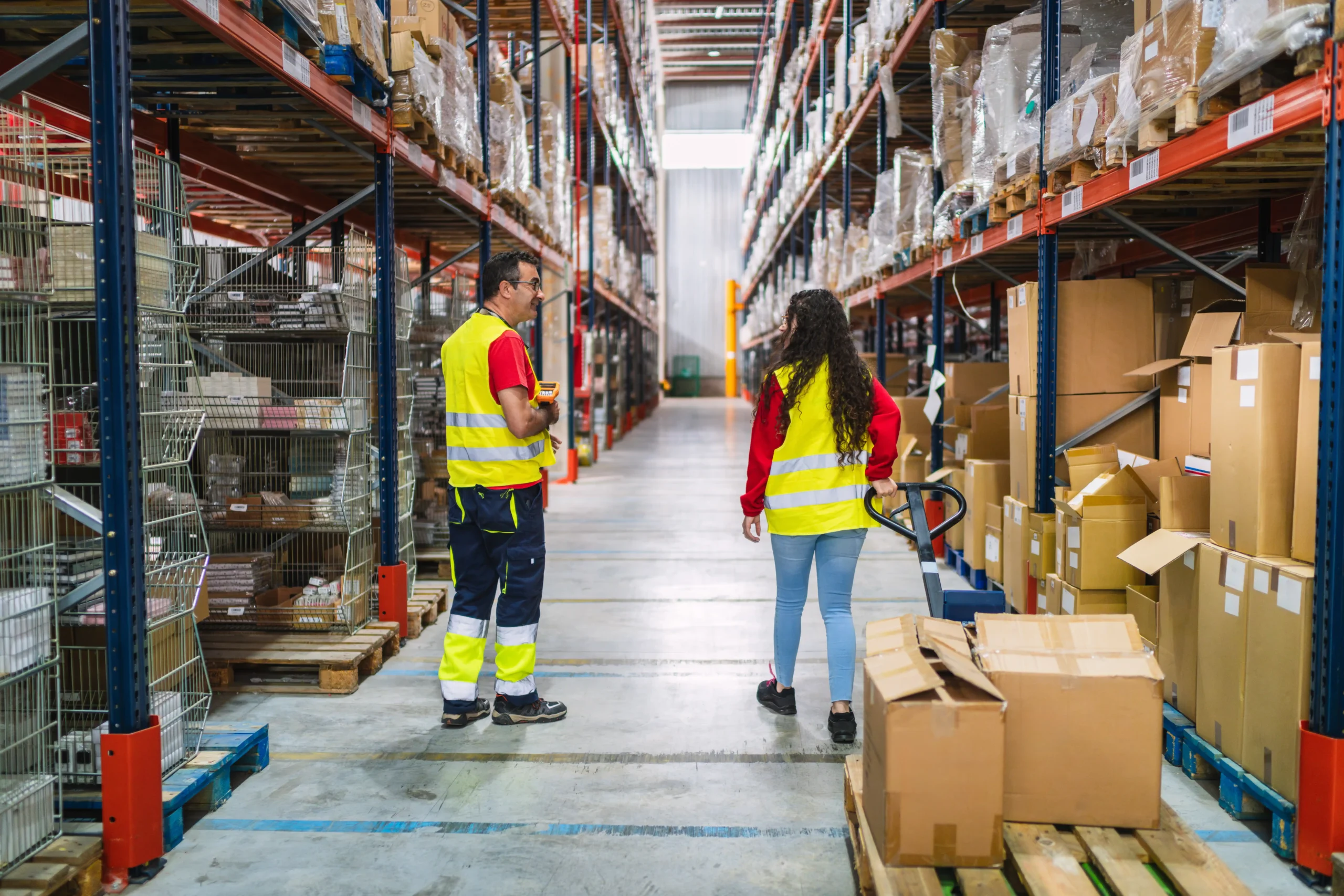 Warehouse and logistics coordinator working with warehouse staff to manage inventory levels and logistics operations