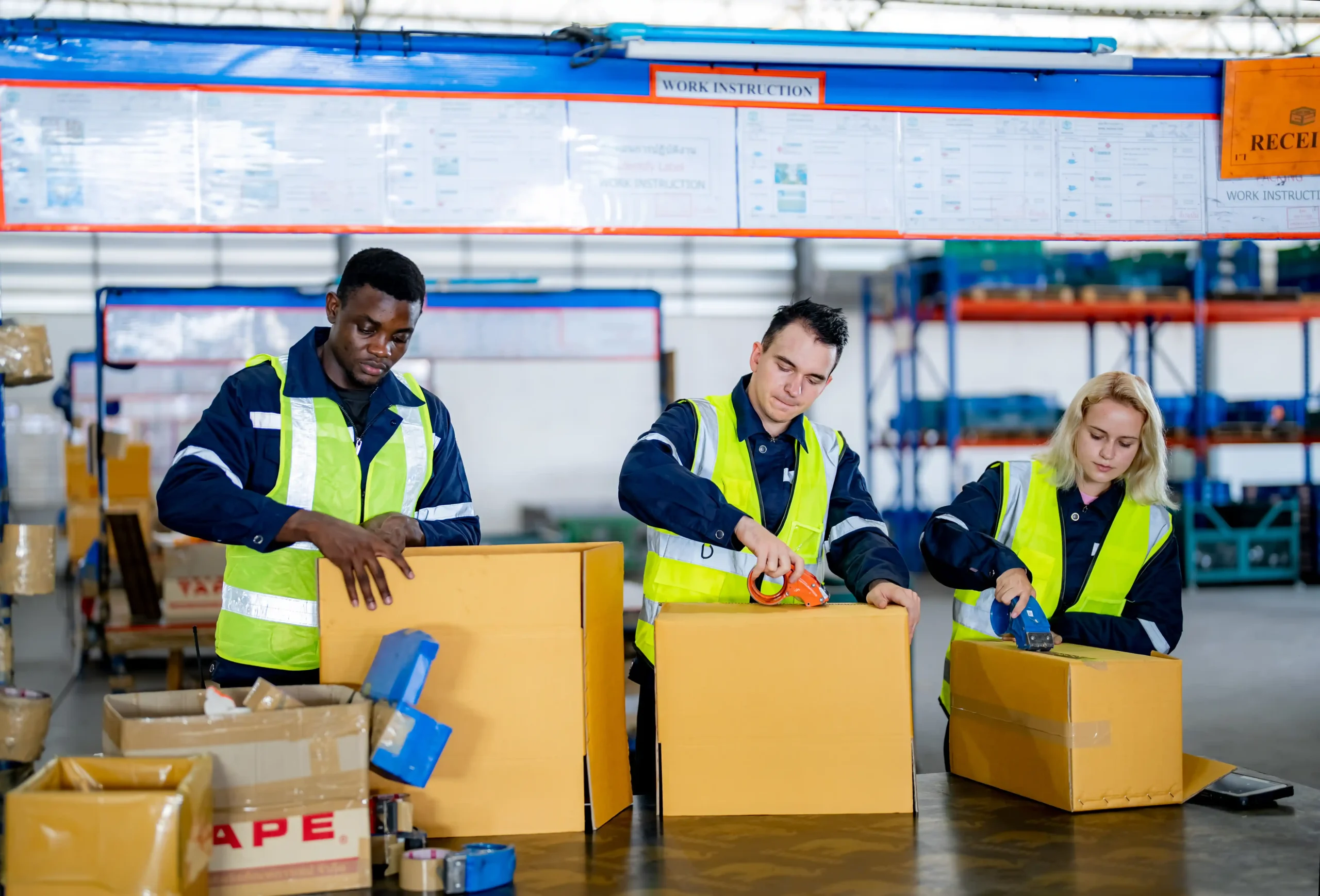 Warehouse employees packing and preparing orders for shipment at a warehouse and distribution near me operation