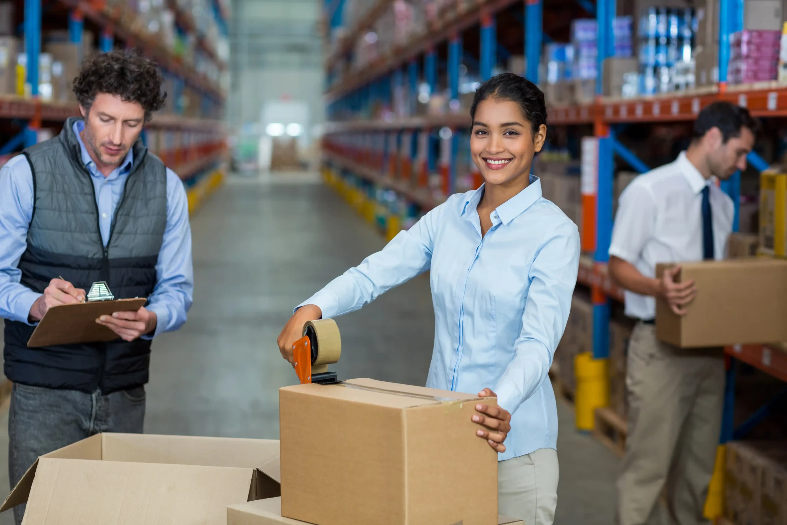Warehouse staff packing and labeling orders on the fulfillment floor for fulfillment services california