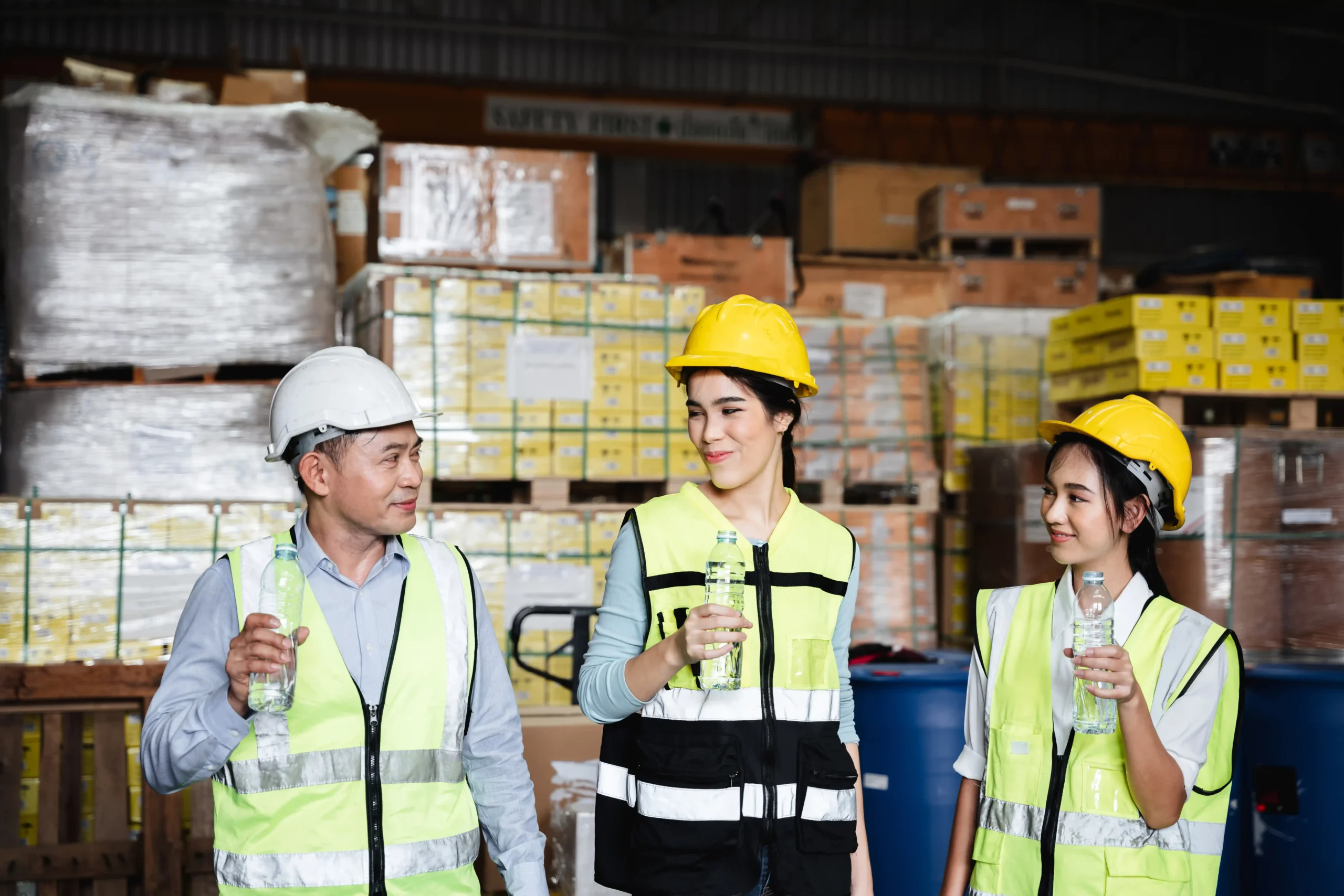 Warehouse storage company employees taking a break and drinking water inside the facility, highlighting workplace safety and positive team culture.
