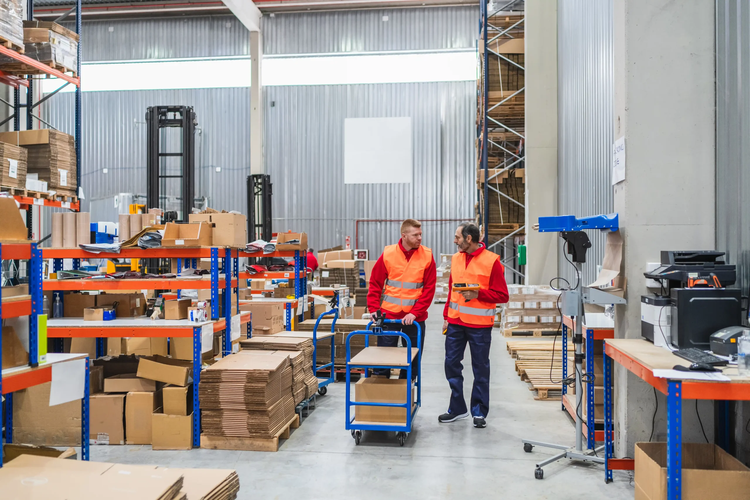 Warehouse team transporting goods on a cart as part of daily warehouse storage Los Angeles operations.