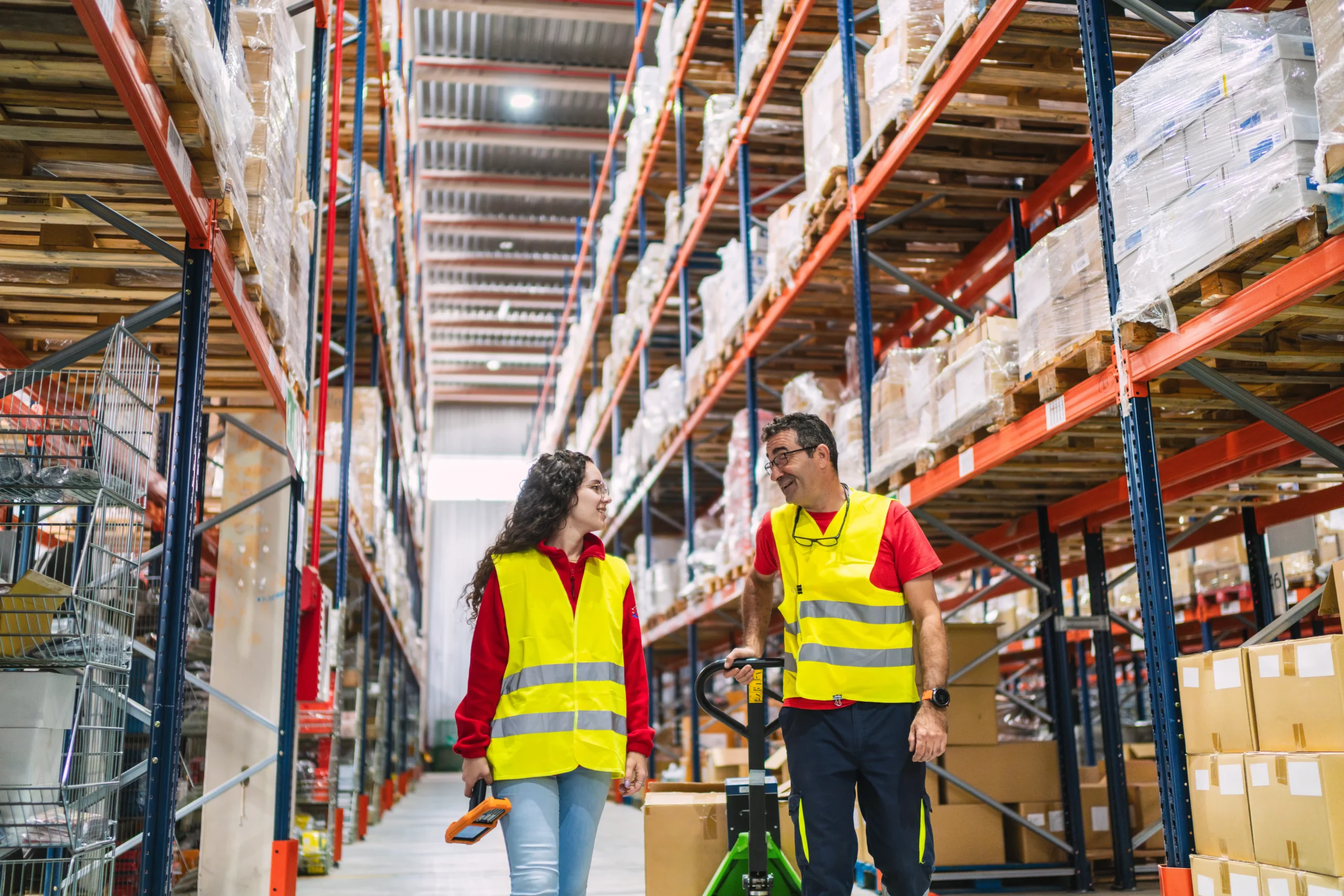 Warehouse and logistics coordinator overseeing the movement of palletized goods through warehouse aisles
