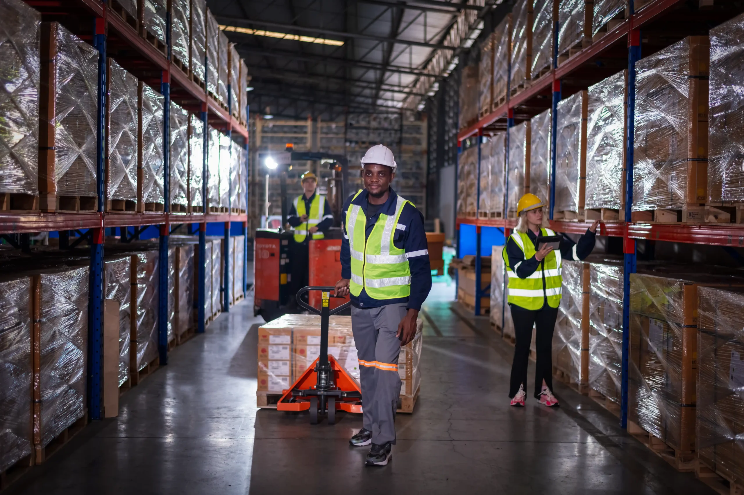 Warehouse workers using material handling equipment inside a distribution center reflecting current warehouse and logistics news trends