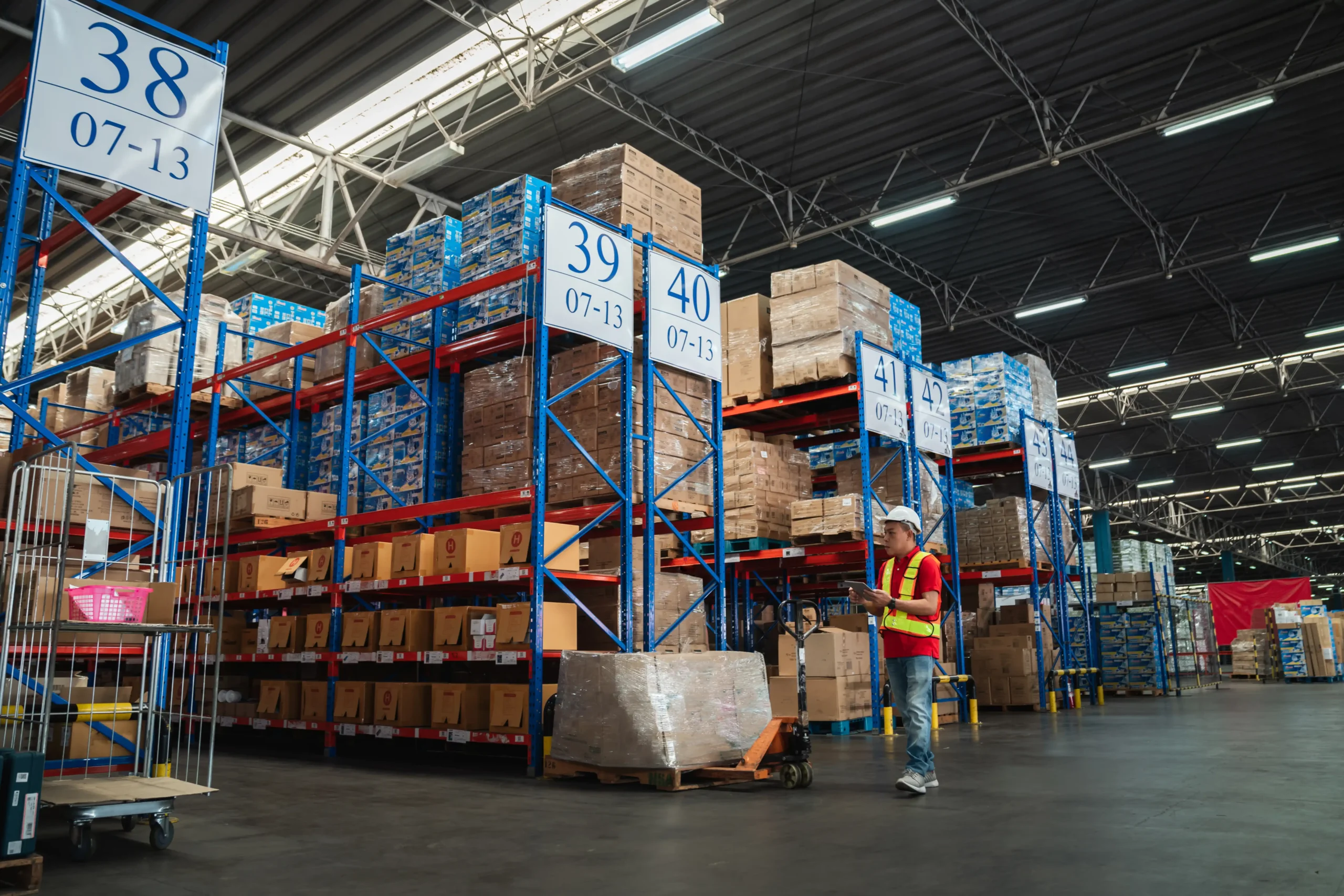 Warehouse workers inspecting racked pallets and inventory in a large distribution center designed for efficient short term warehouse storage.