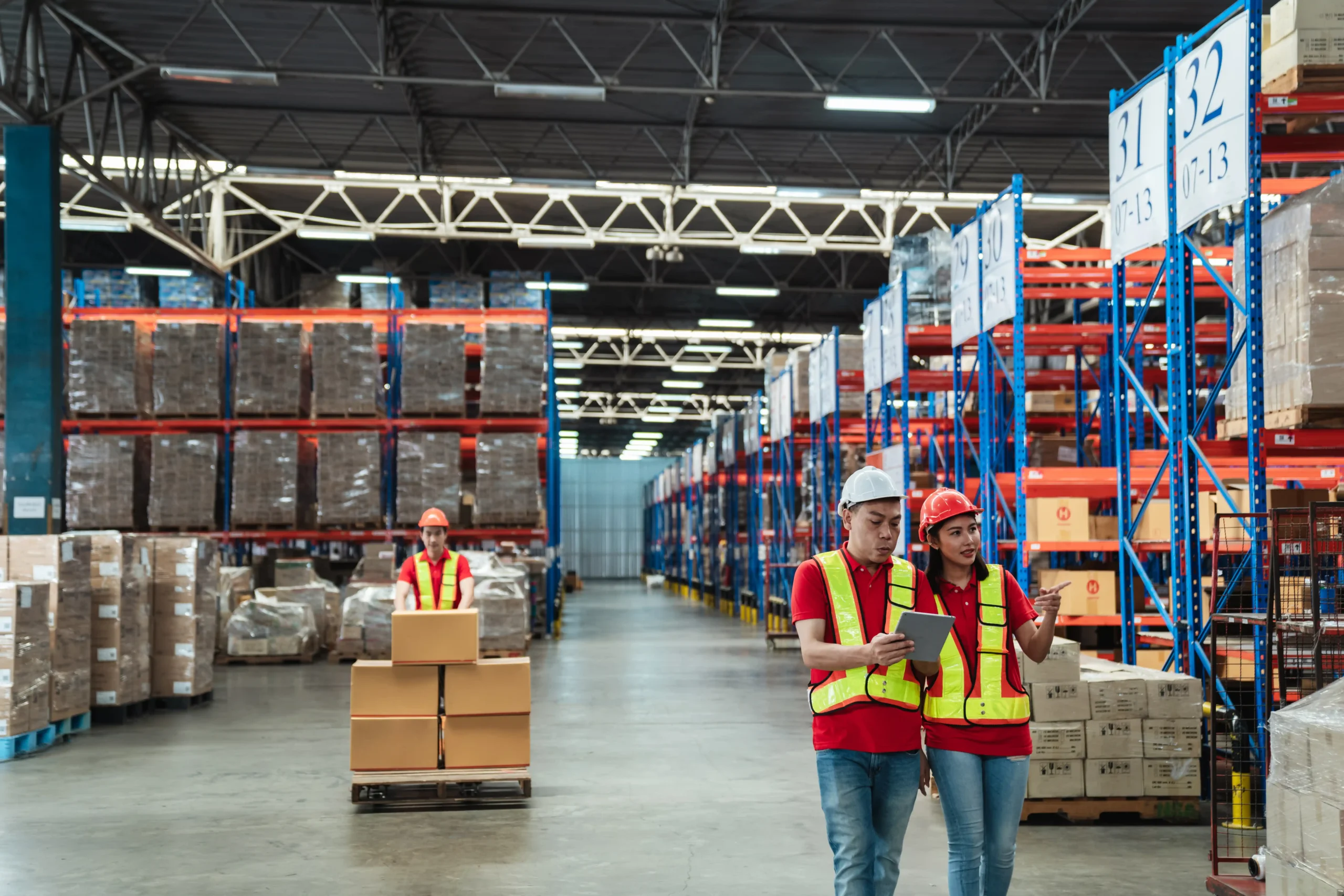 Warehouse team reviewing stock levels and logistics workflows within a fulfillment warehouse usa